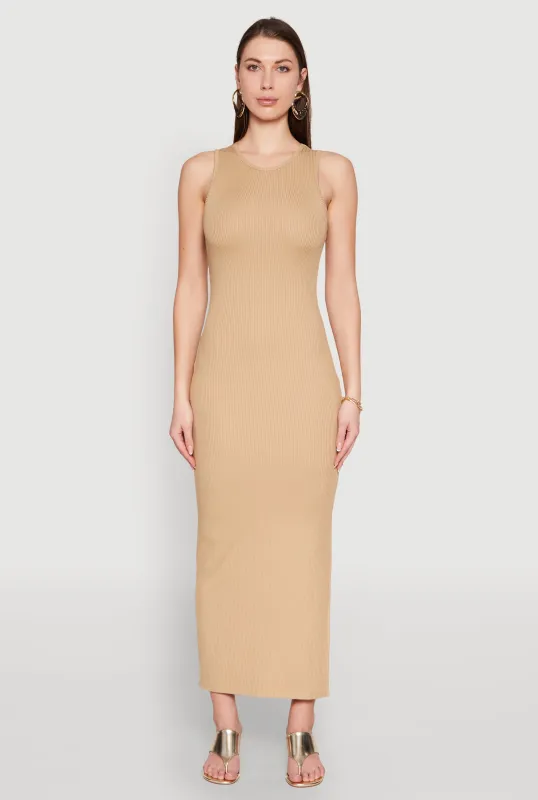 Crew Neck Rib Knit Side Slit Maxi Dress sold by Rainbow