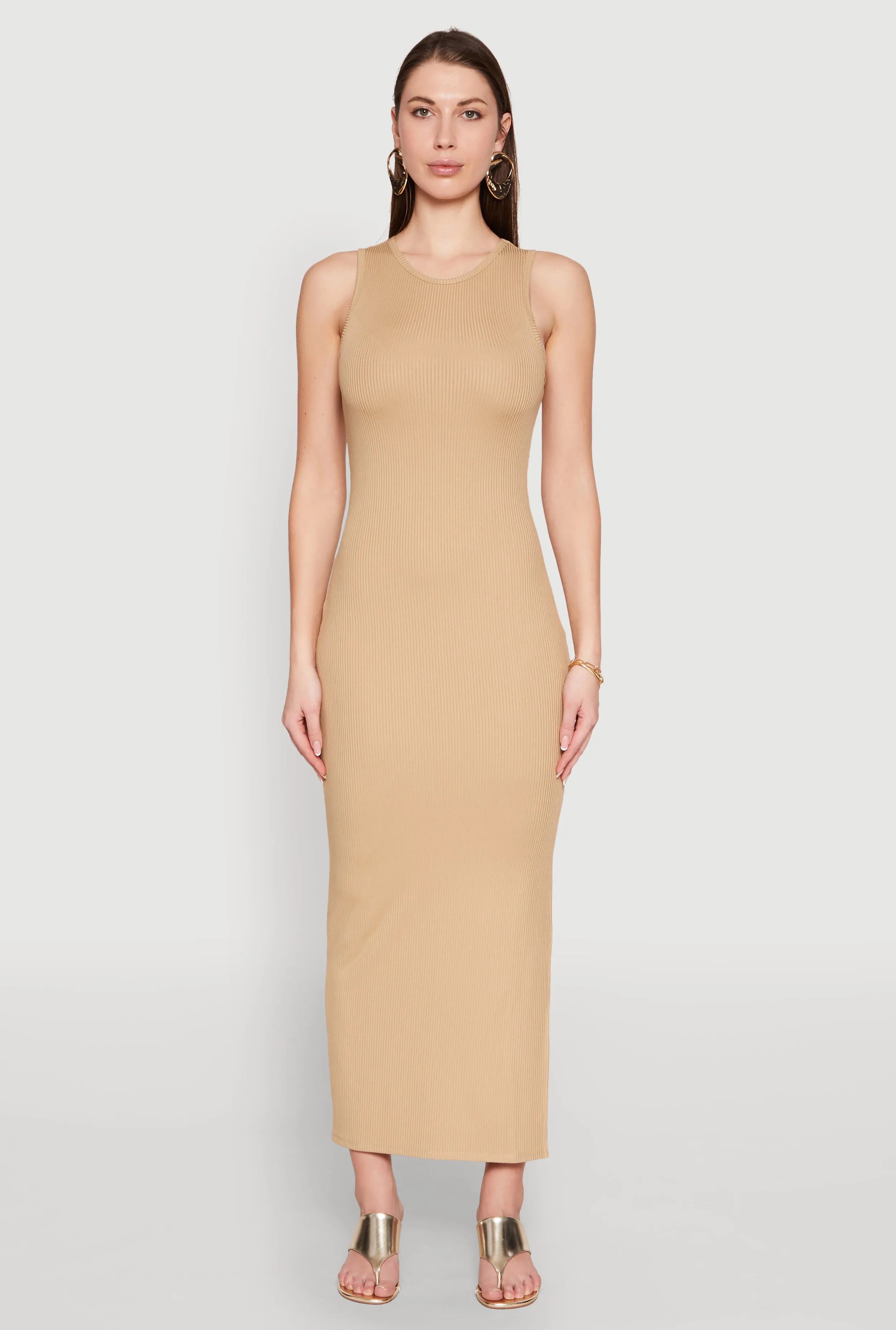 Crew Neck Rib Knit Side Slit Maxi Dress sold by Rainbow