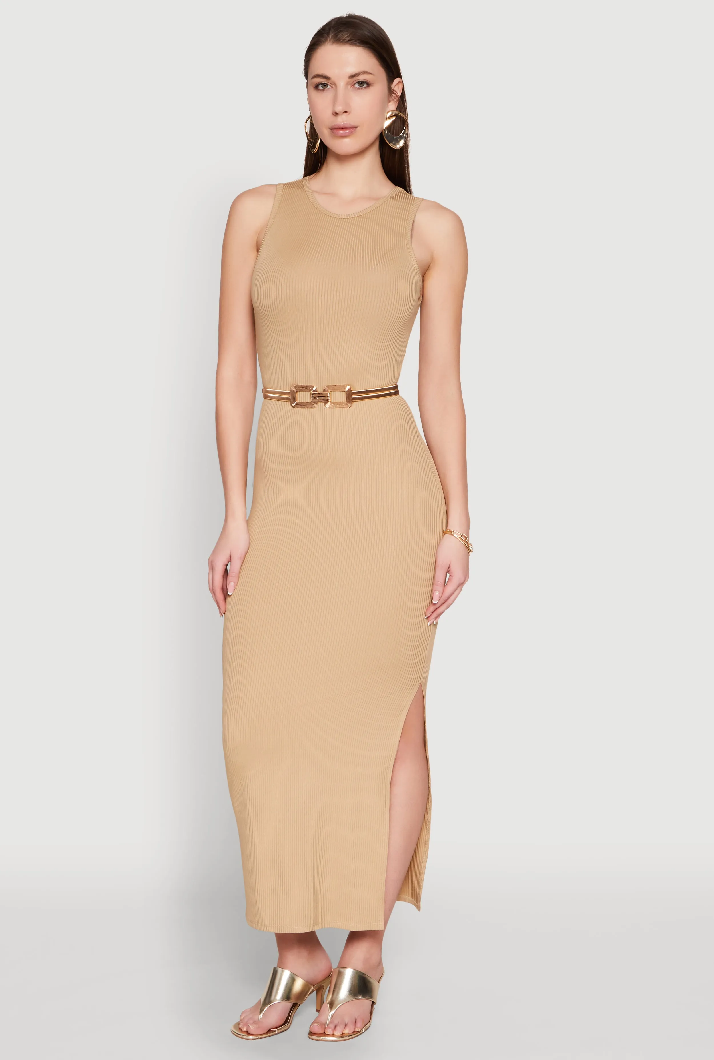 Crew Neck Rib Knit Side Slit Maxi Dress sold by Rainbow product image thumbnail 2