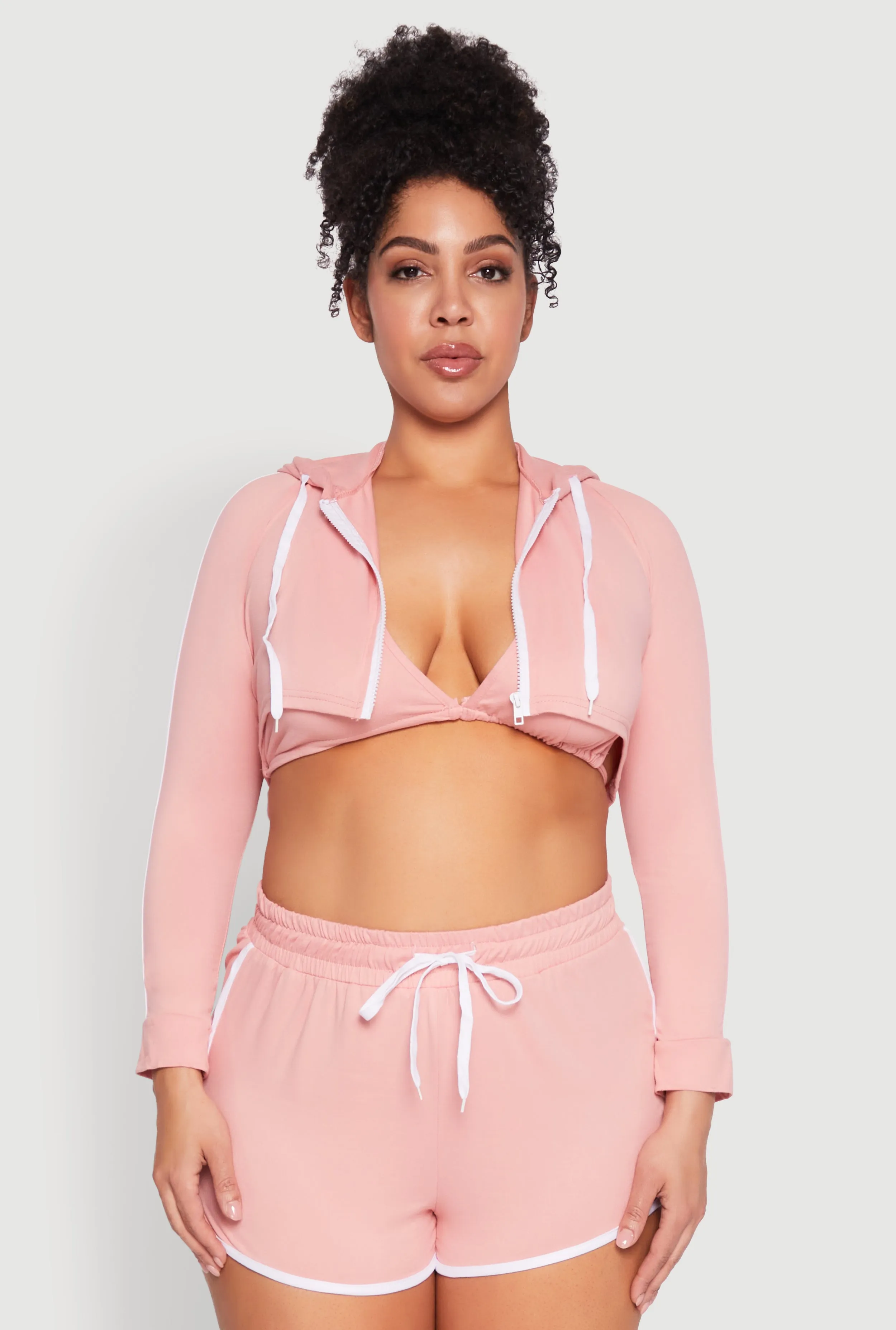 Plus Size Varsity Stripe Zip Front Cropped Hoodie sold by Rainbow