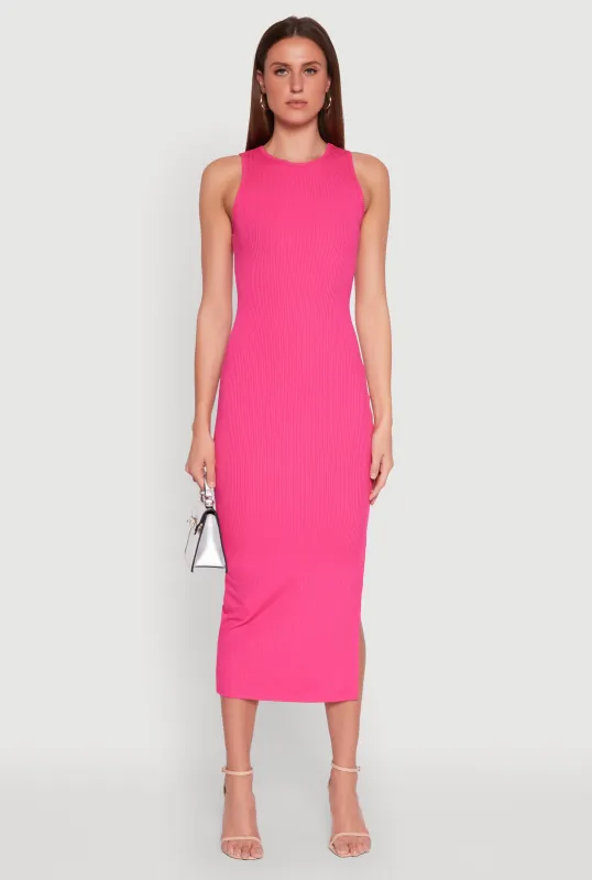 Crew Neck Rib Knit Side Slit Maxi Dress sold by Rainbow