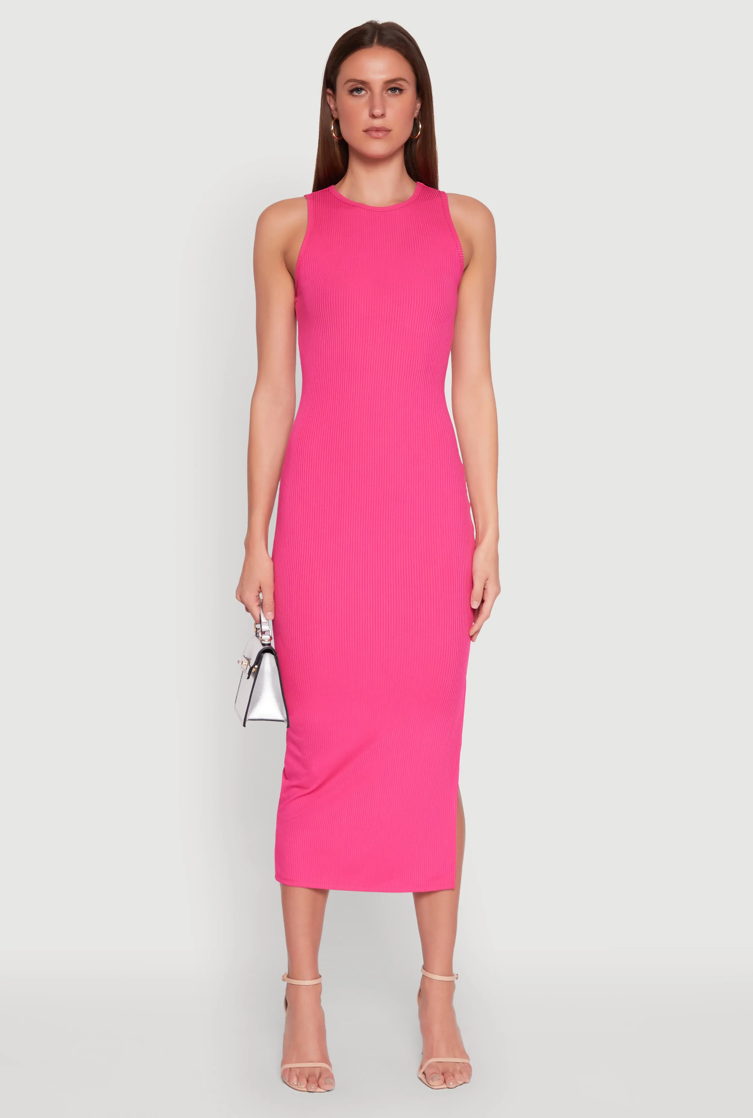 Crew Neck Rib Knit Side Slit Maxi Dress sold by Rainbow