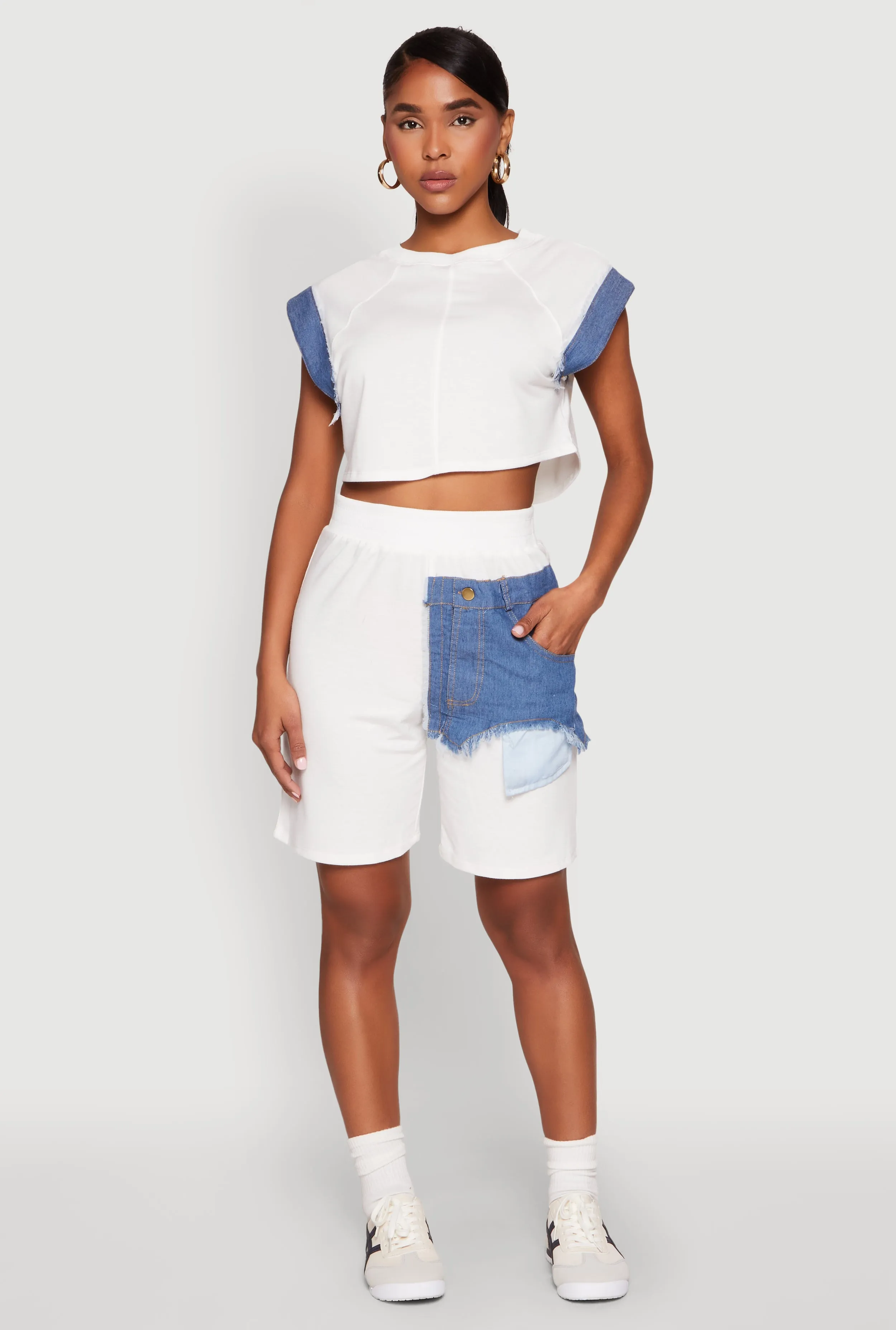 Denim Patch Pocket French Terry Shorts sold by Rainbow