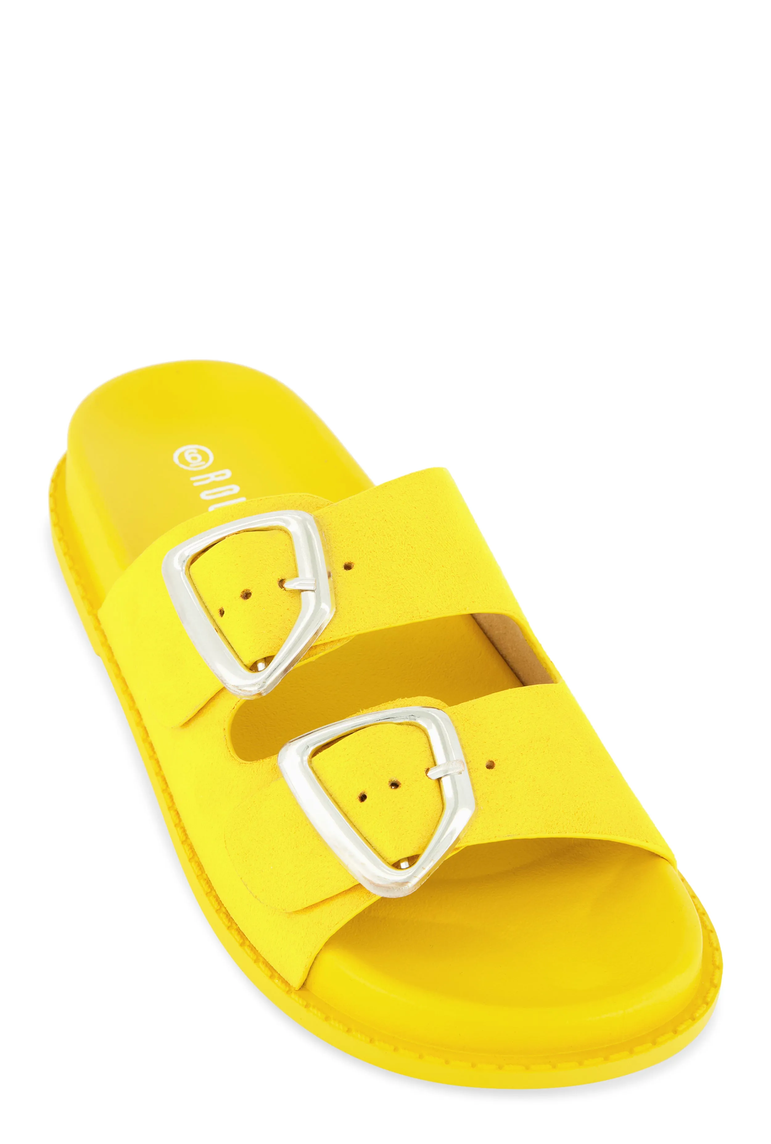 Faux Suede Double Buckle Band Slide Sandals sold by Rainbow