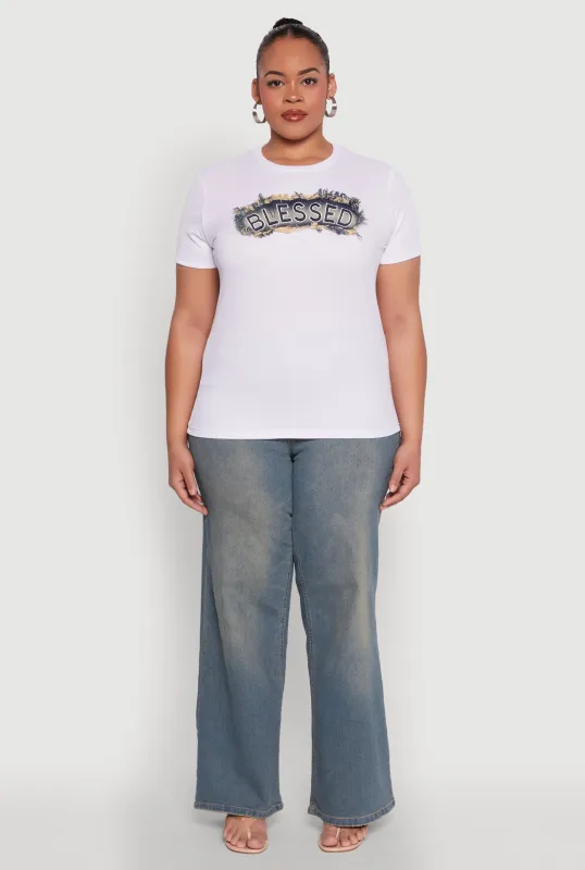 Plus Size Blessed Denim Graphic Patch Tee sold by Rainbow