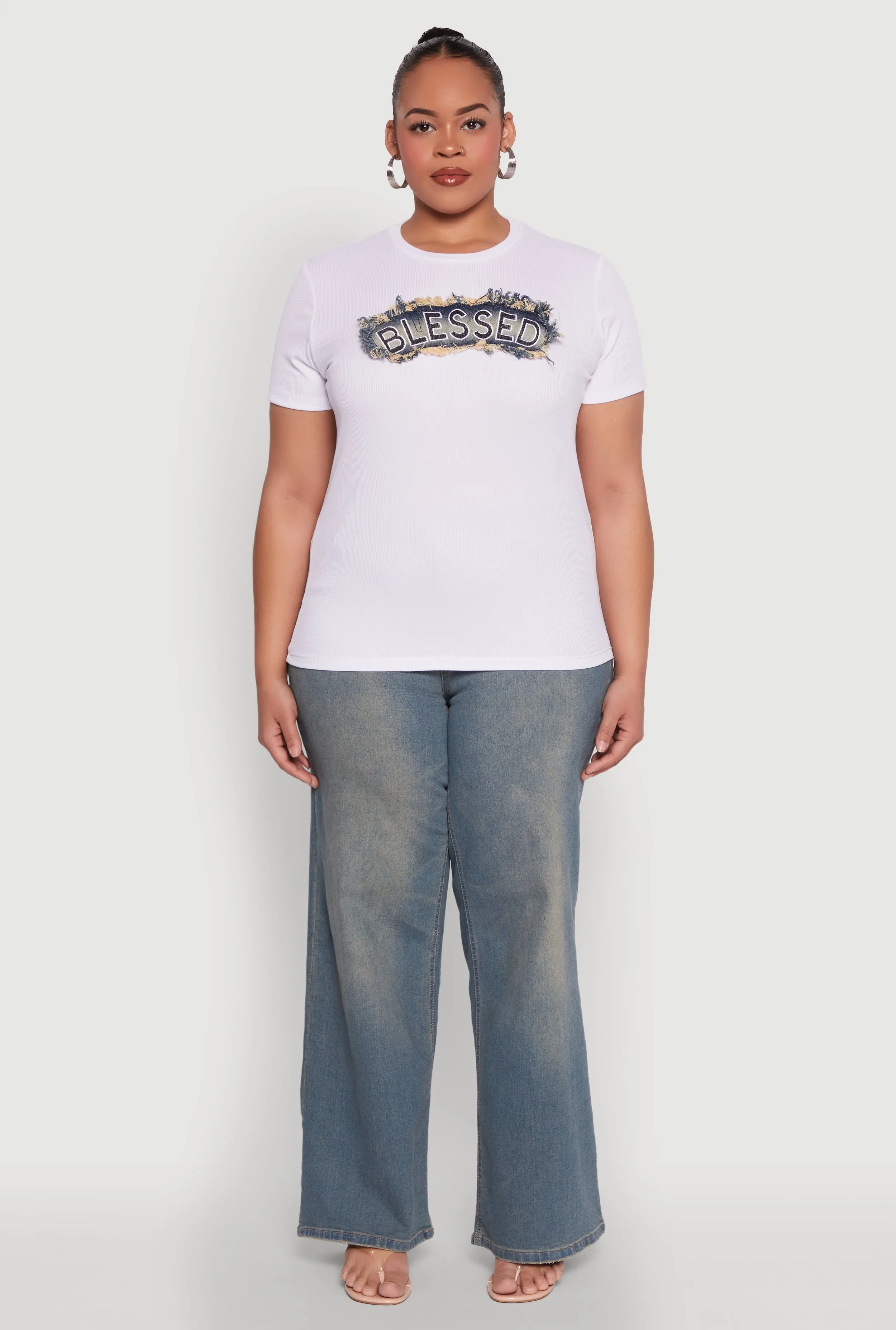 Plus Size Blessed Denim Graphic Patch Tee sold by Rainbow
