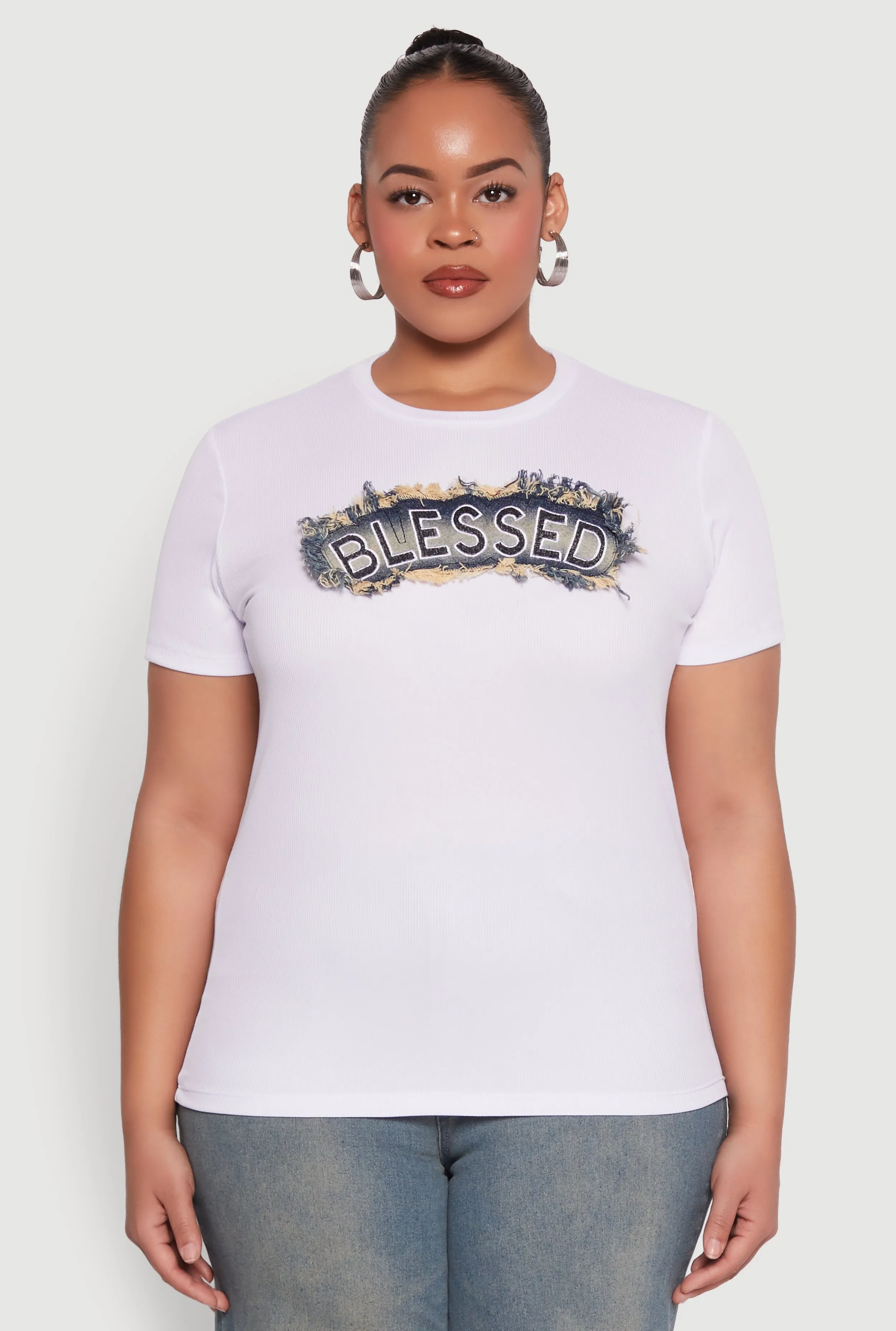 Plus Size Blessed Denim Graphic Patch Tee sold by Rainbow product image thumbnail 2
