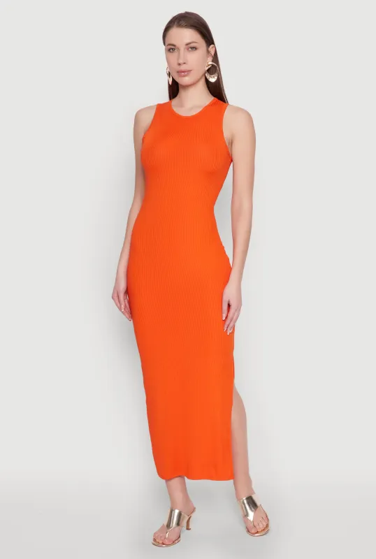 Crew Neck Rib Knit Side Slit Maxi Dress sold by Rainbow