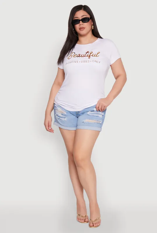Plus Size Ruched 3D Beautiful Foil Graphic Tee sold by Rainbow