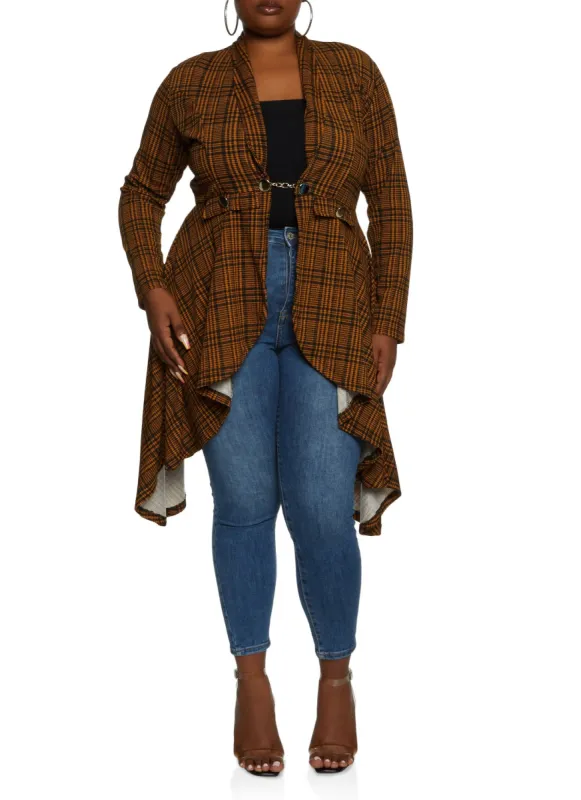 Plus Size Plaid Chain Button High Low Blazer sold by Rainbow