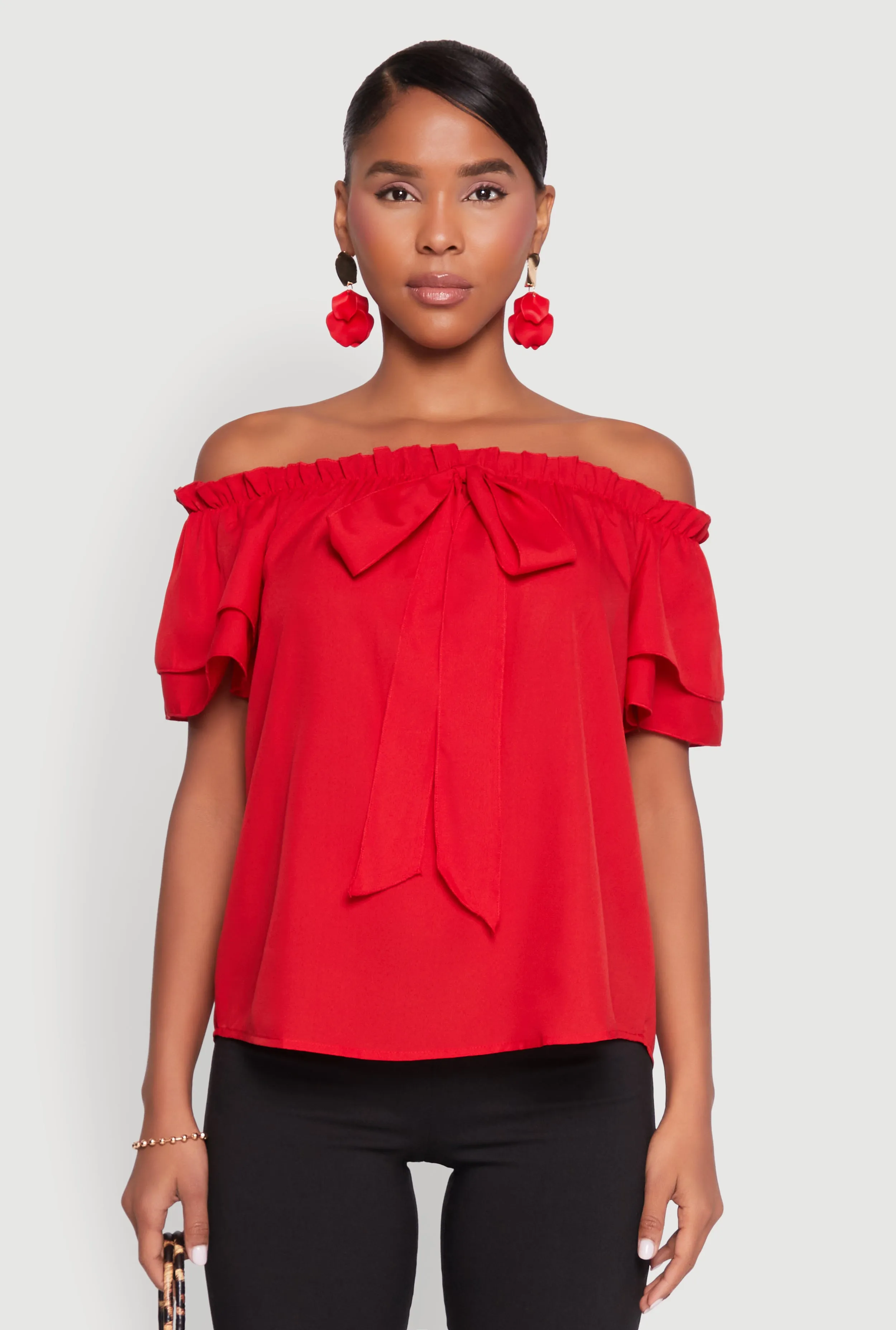 Tiered Sleeve Tie Front Off the Shoulder Top sold by Rainbow product image thumbnail 2