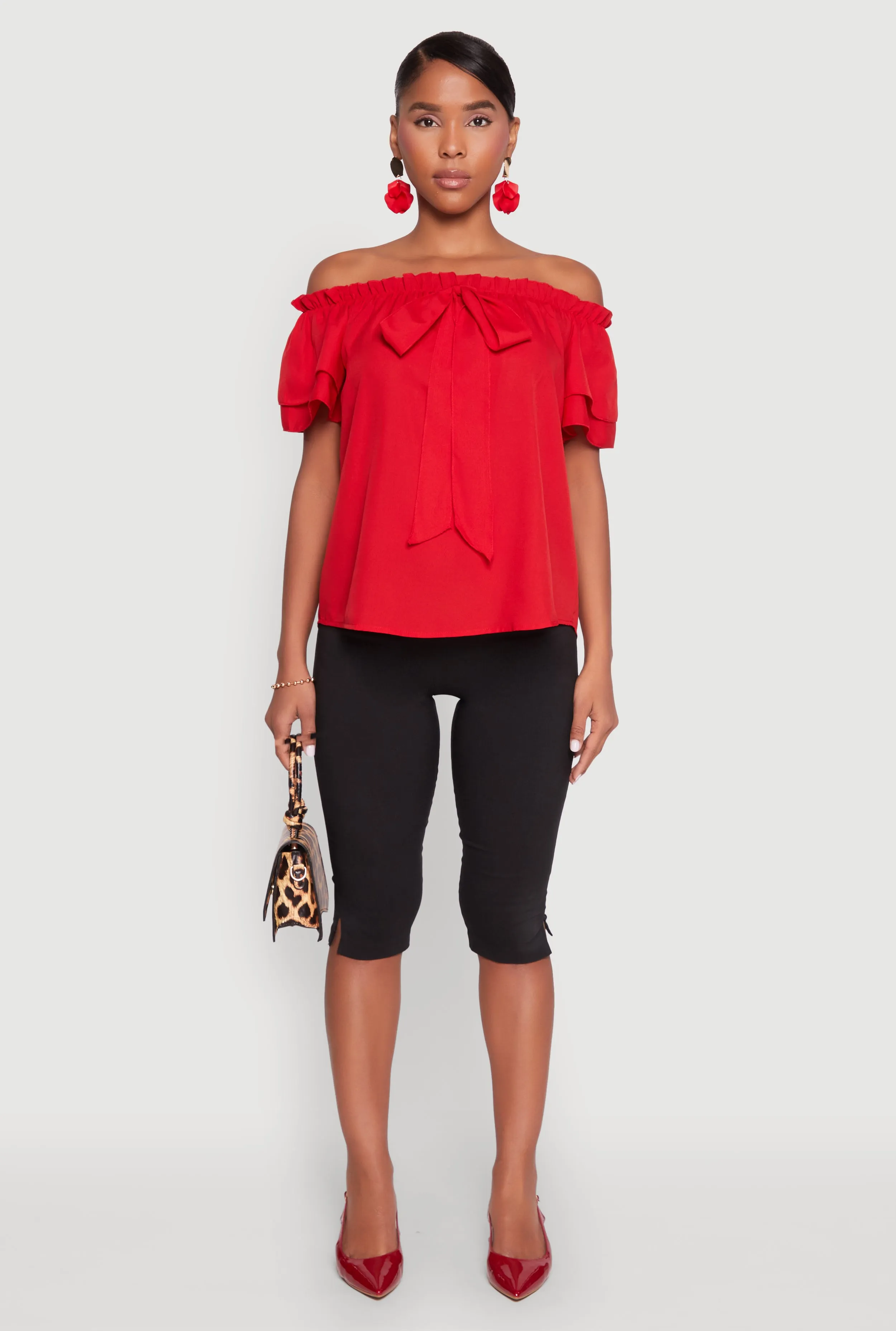 Tiered Sleeve Tie Front Off the Shoulder Top sold by Rainbow