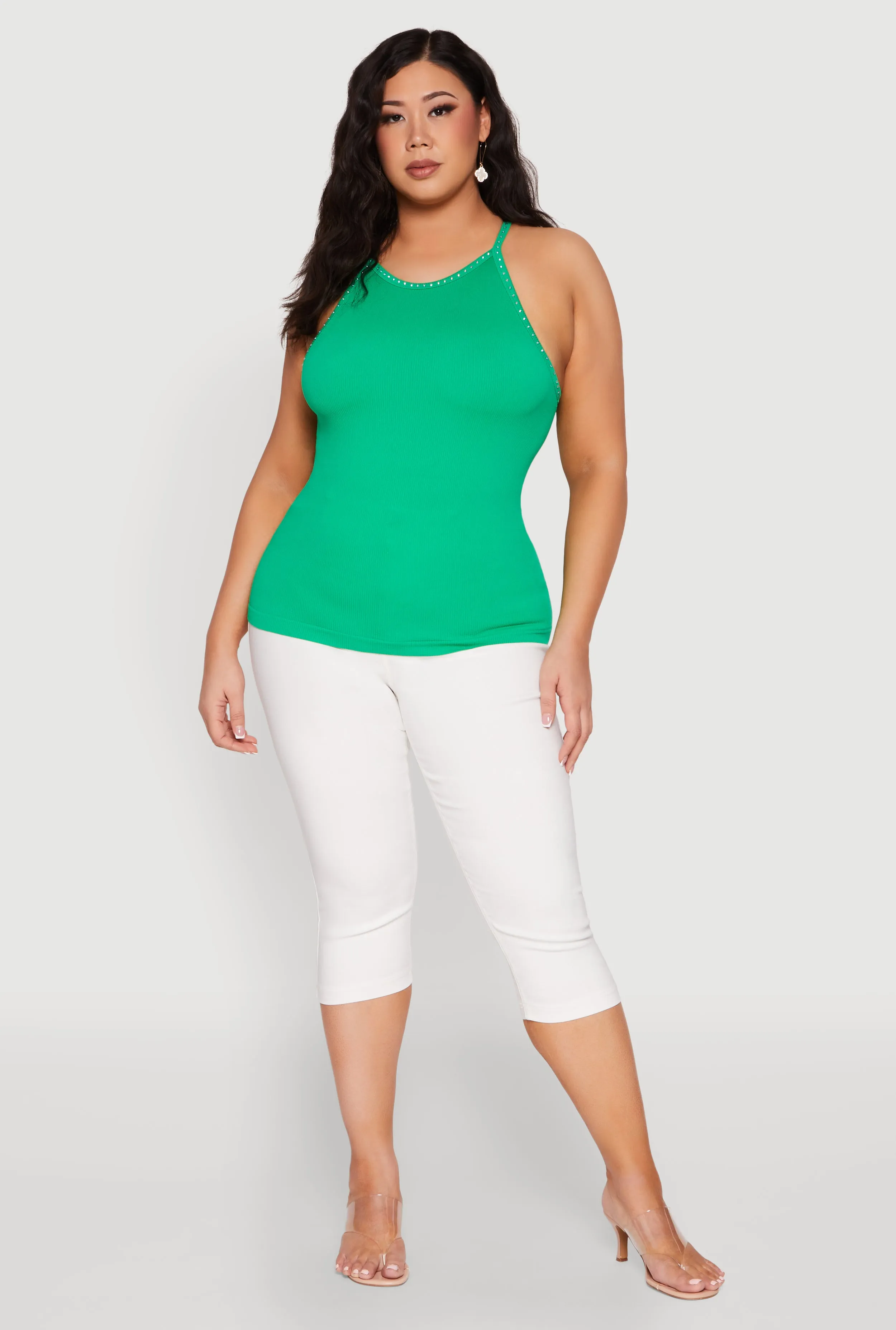 Plus Size Seamless Ribbed Rhinestone Trim Cami sold by Rainbow