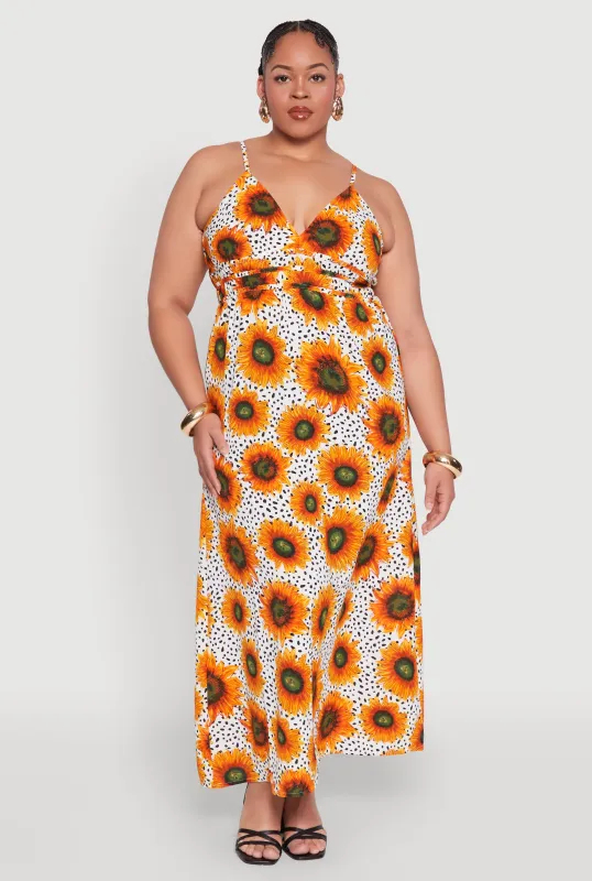 Plus Size Sunflower Print Maxi Dress sold by Rainbow