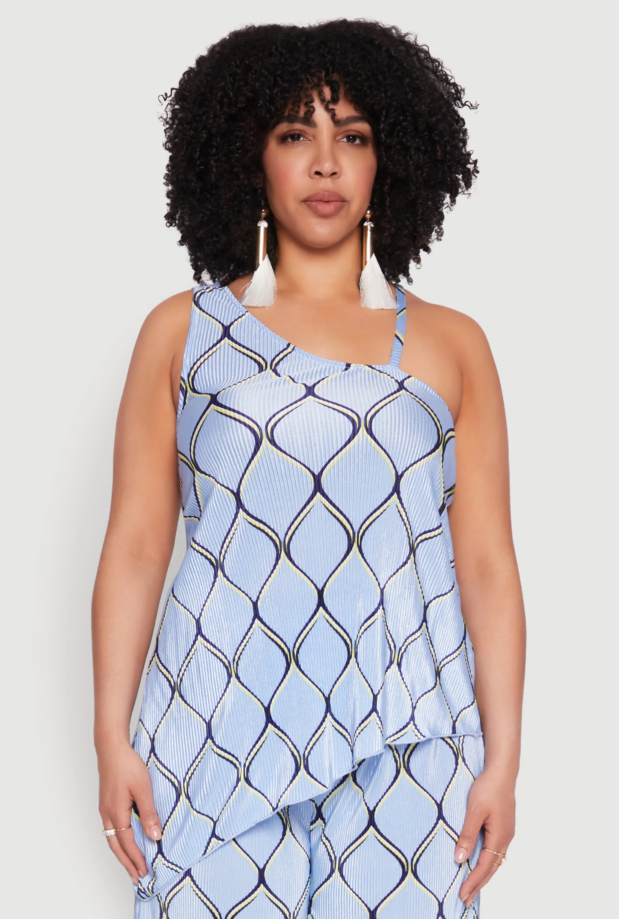 Plus Size Almost Famous Printed Plisse Asymmetrical Blouse sold by Rainbow