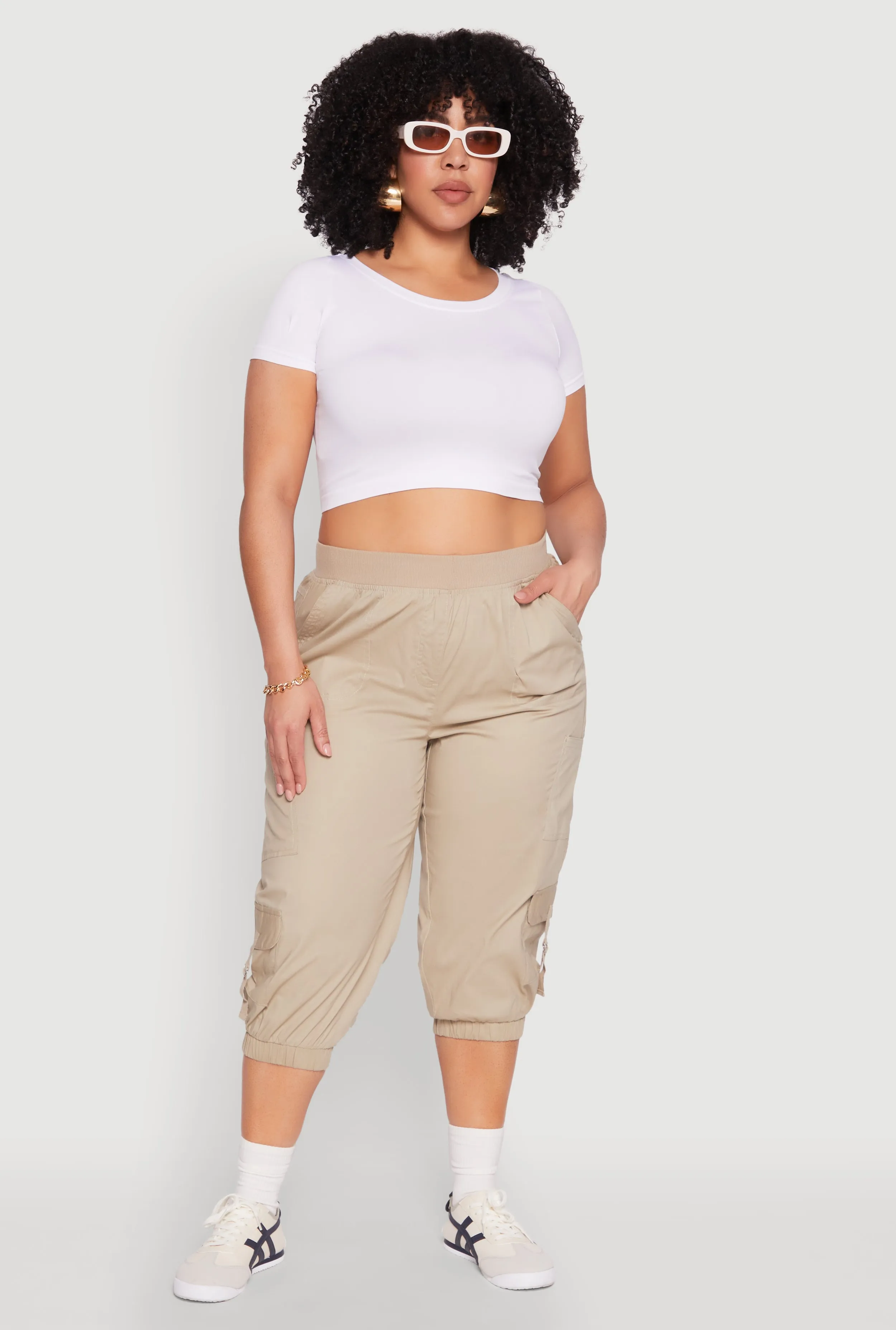 Plus Size Poplin D Ring Cargo Pocket Capri Pants sold by Rainbow