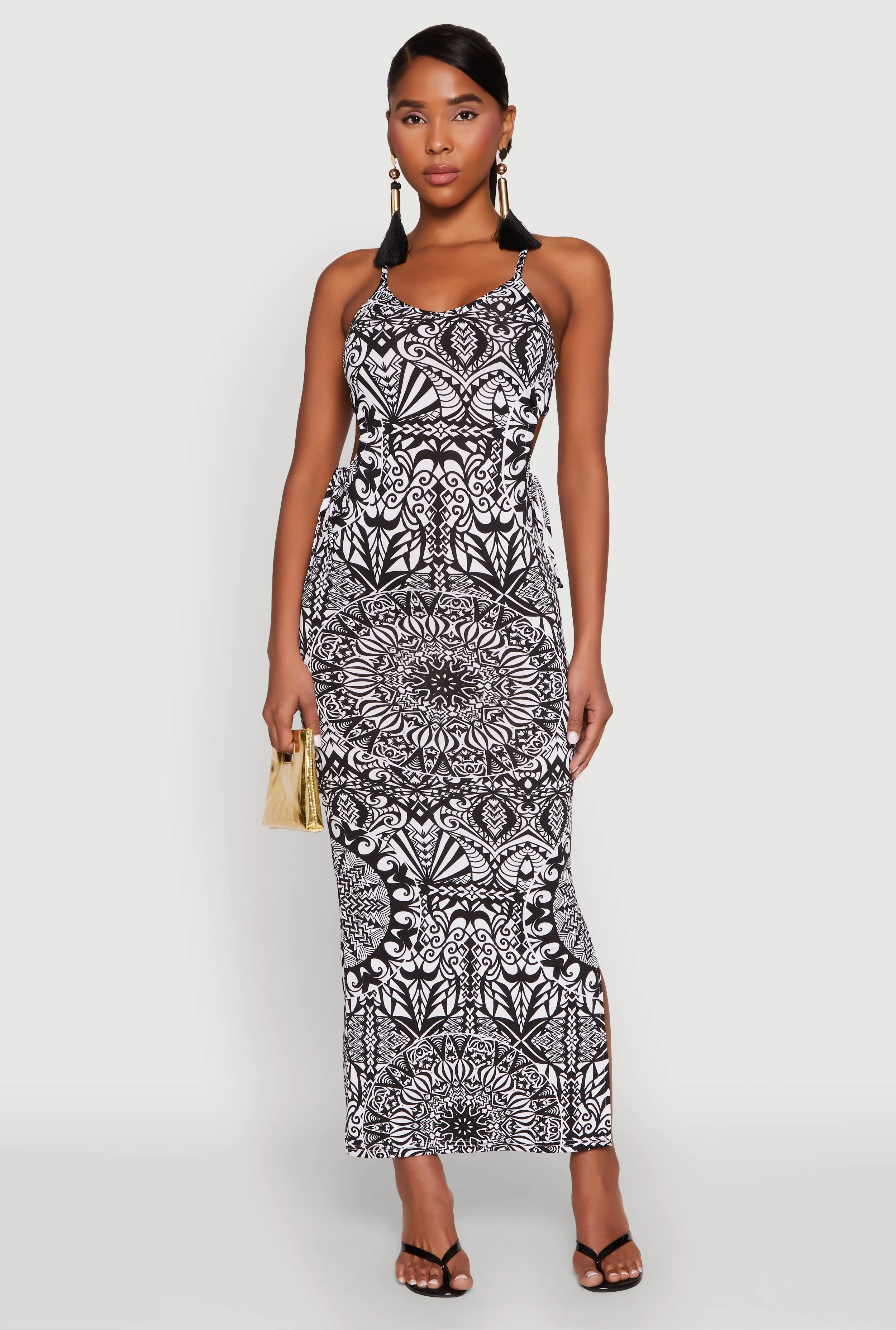 Printed Drawstring Keyhole Side Maxi Dress sold by Rainbow