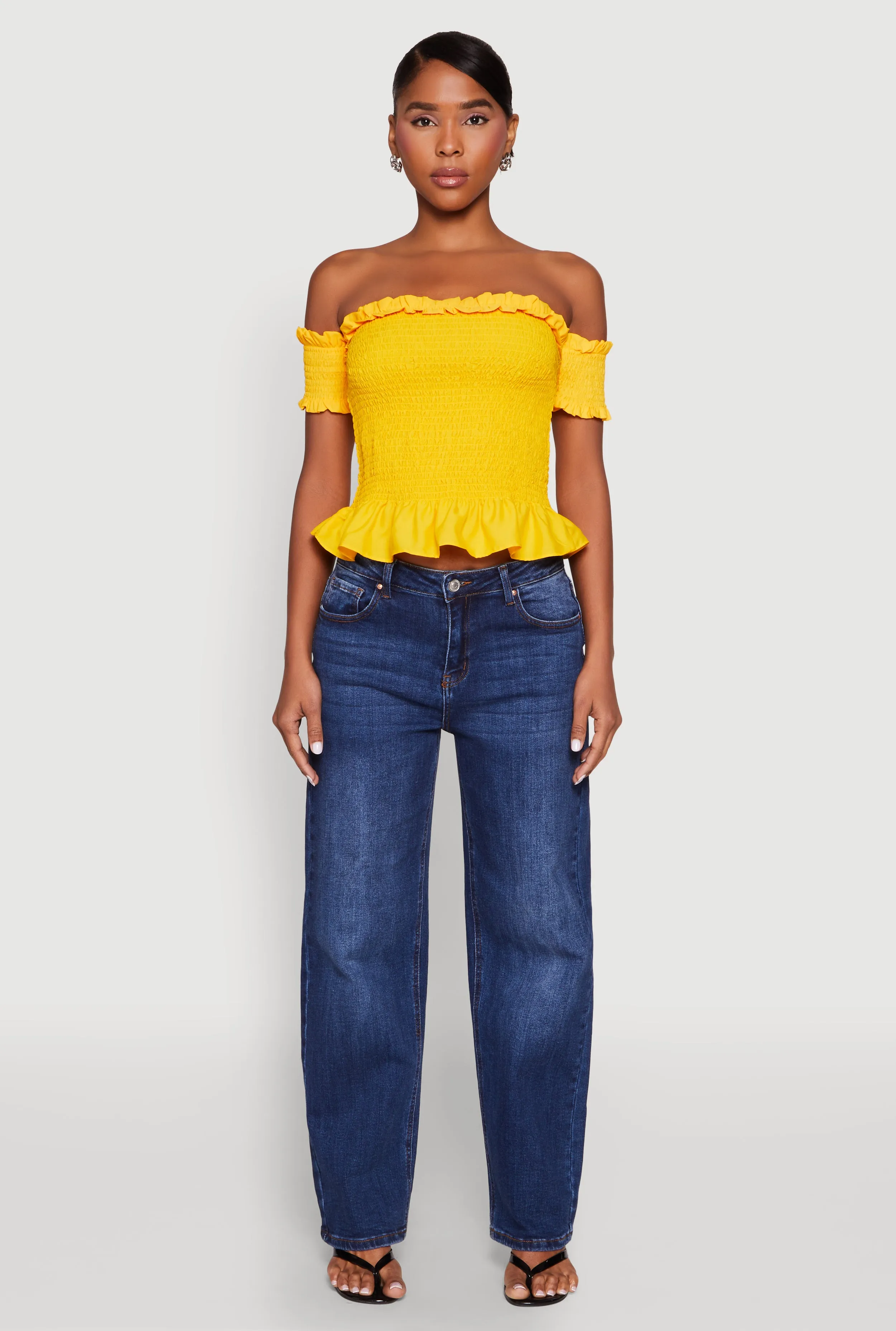 Smocked Off the Shoulder Crop Top sold by Rainbow