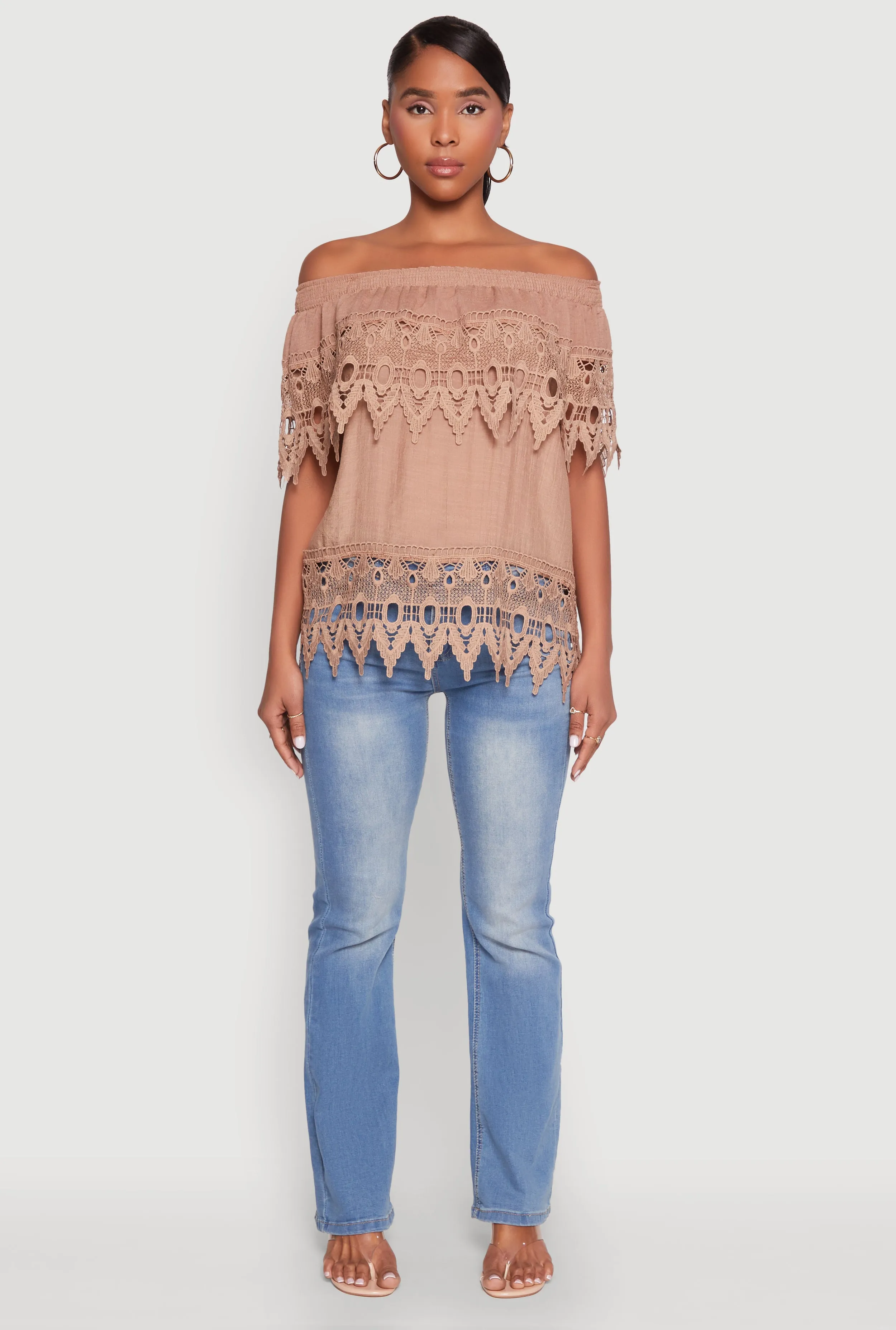 Lace Trim Off the Shoulder Blouse sold by Rainbow