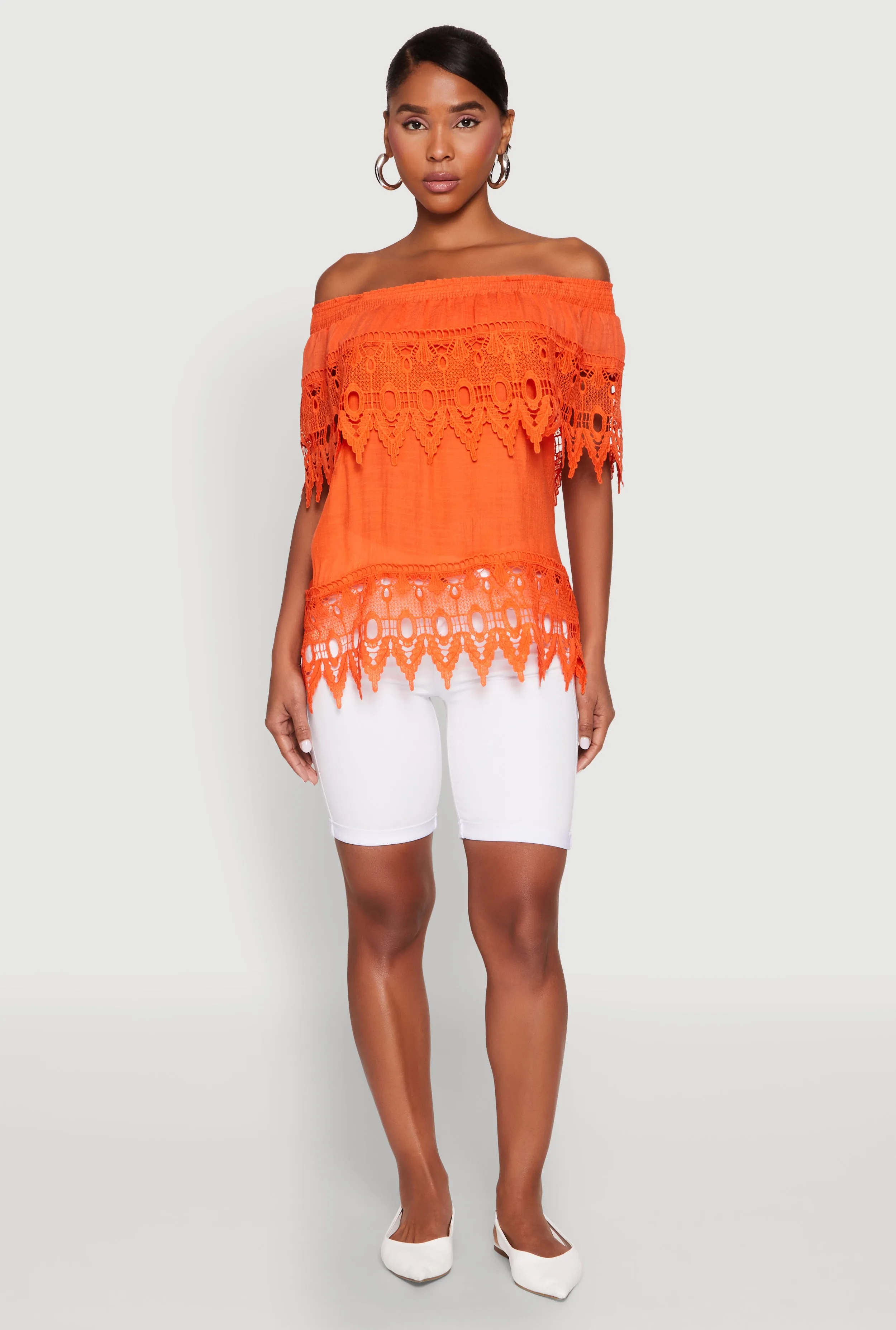 Lace Trim Off the Shoulder Blouse sold by Rainbow