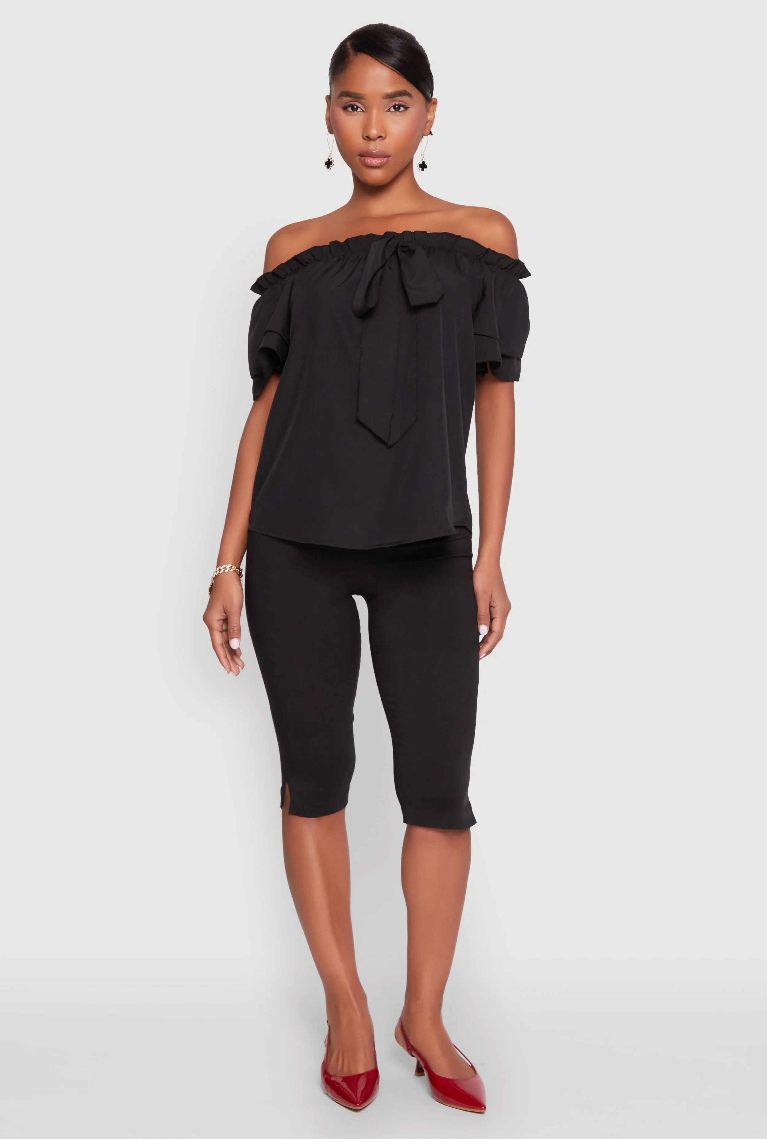 Tiered Sleeve Tie Front Off the Shoulder Top sold by Rainbow