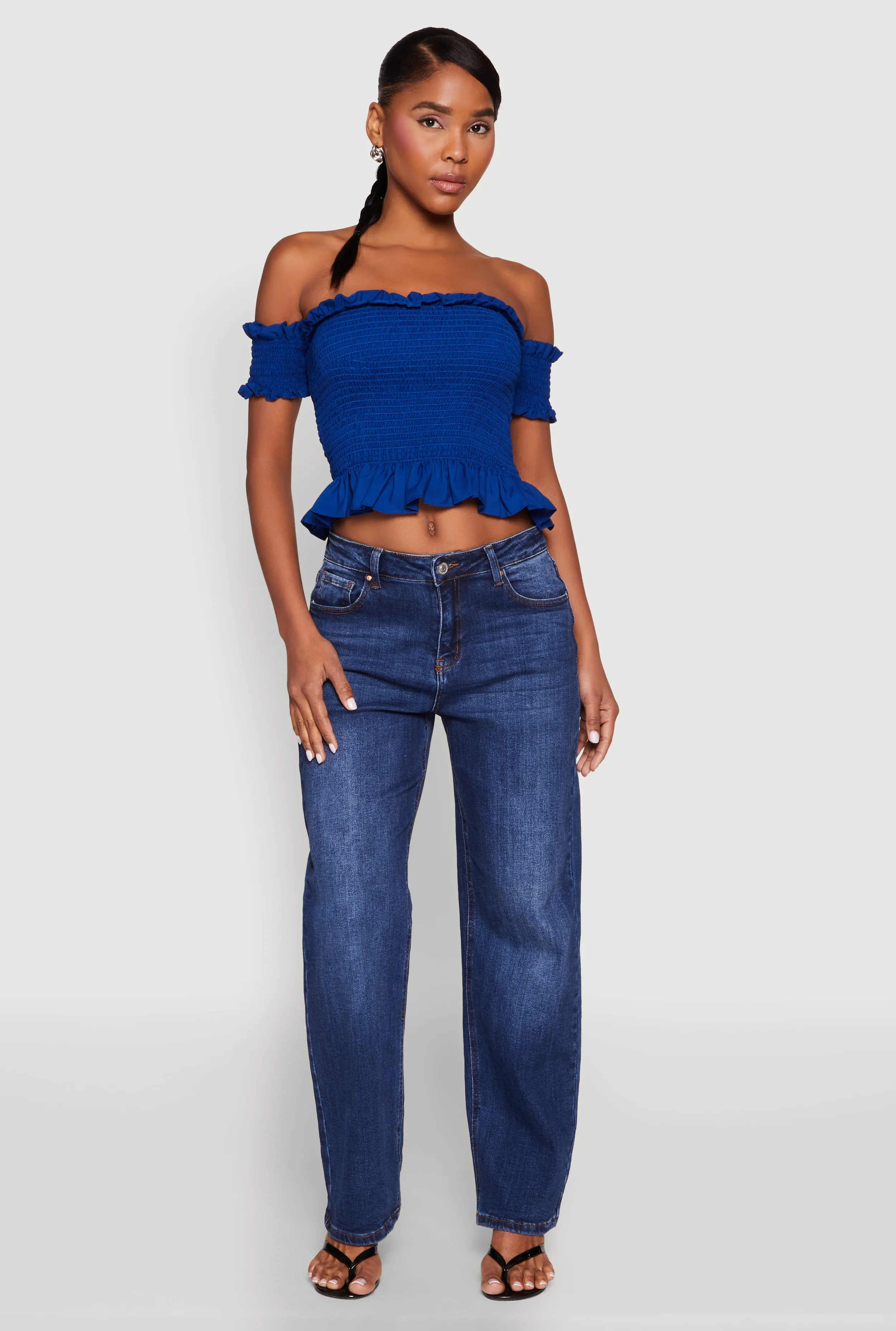 Smocked Off the Shoulder Crop Top sold by Rainbow