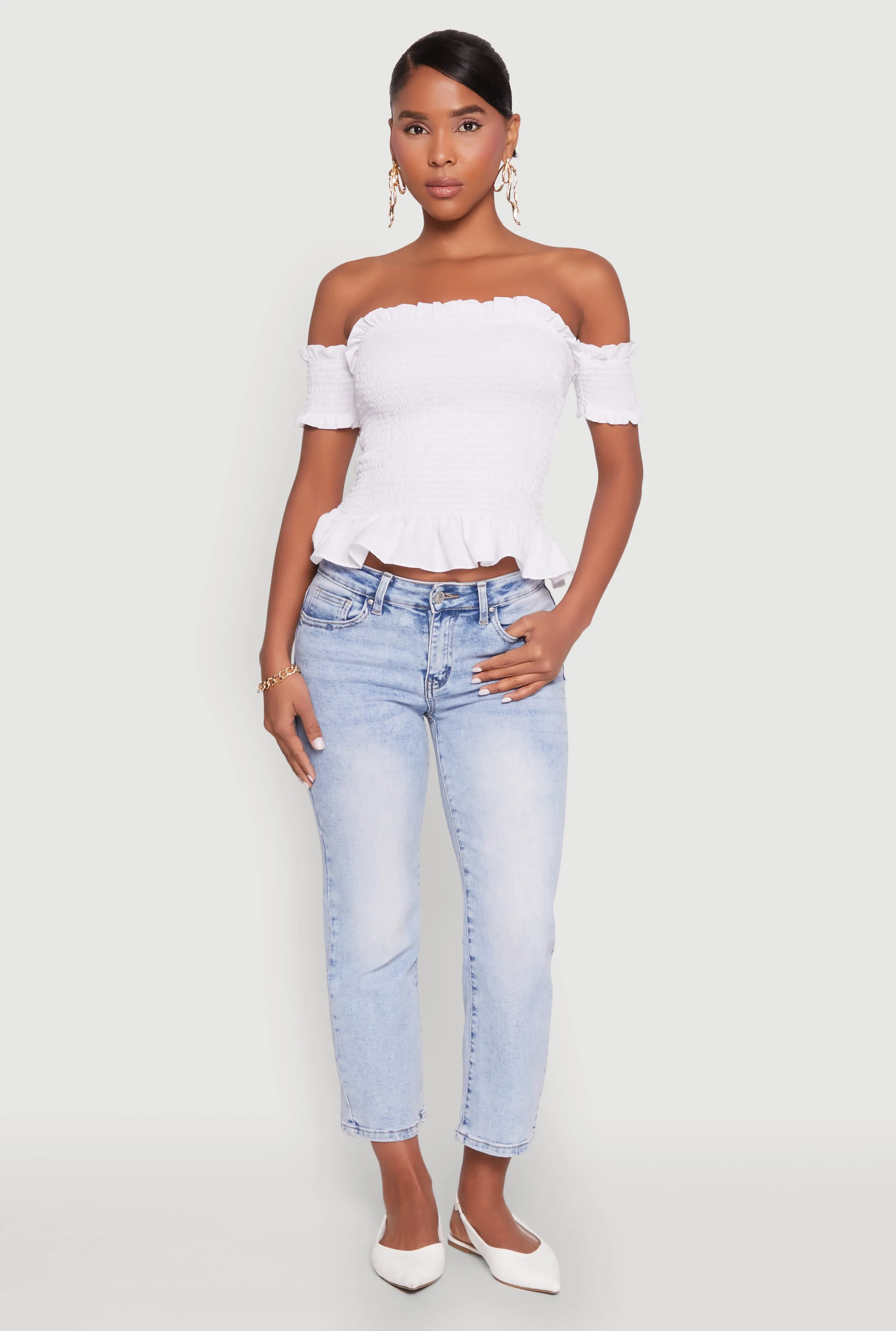 Smocked Off the Shoulder Crop Top sold by Rainbow