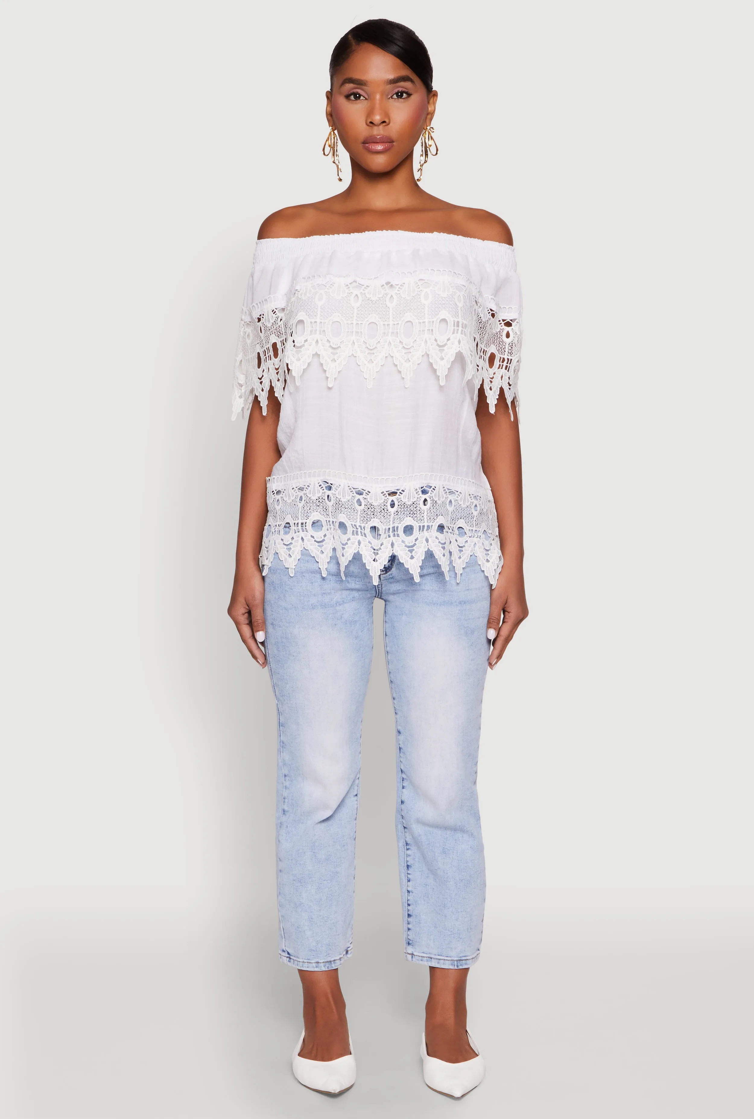 Lace Trim Off the Shoulder Blouse sold by Rainbow