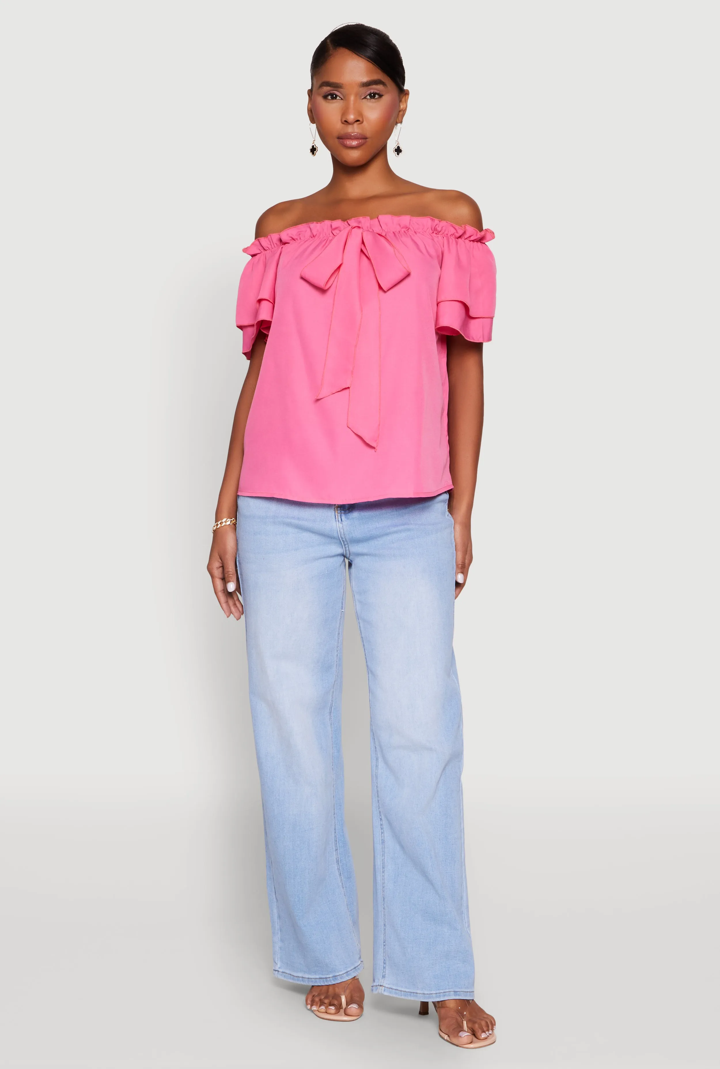 Tiered Sleeve Tie Front Off the Shoulder Top sold by Rainbow