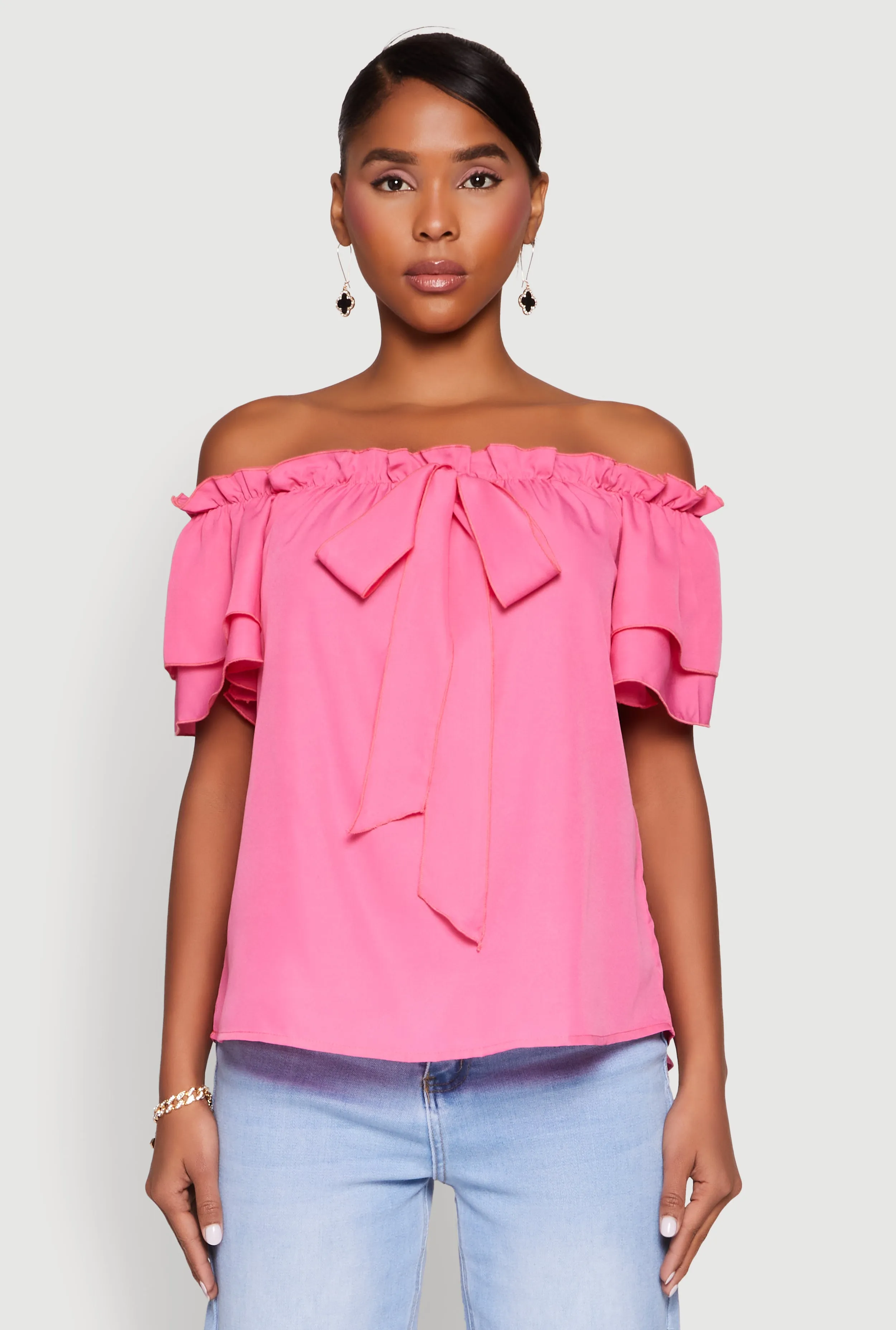 Tiered Sleeve Tie Front Off the Shoulder Top sold by Rainbow product image thumbnail 2
