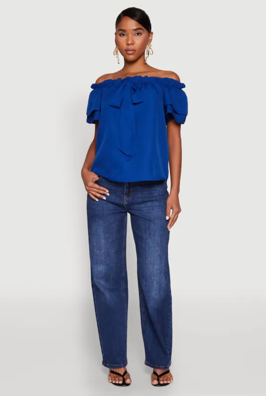 Tiered Sleeve Tie Front Off the Shoulder Top sold by Rainbow