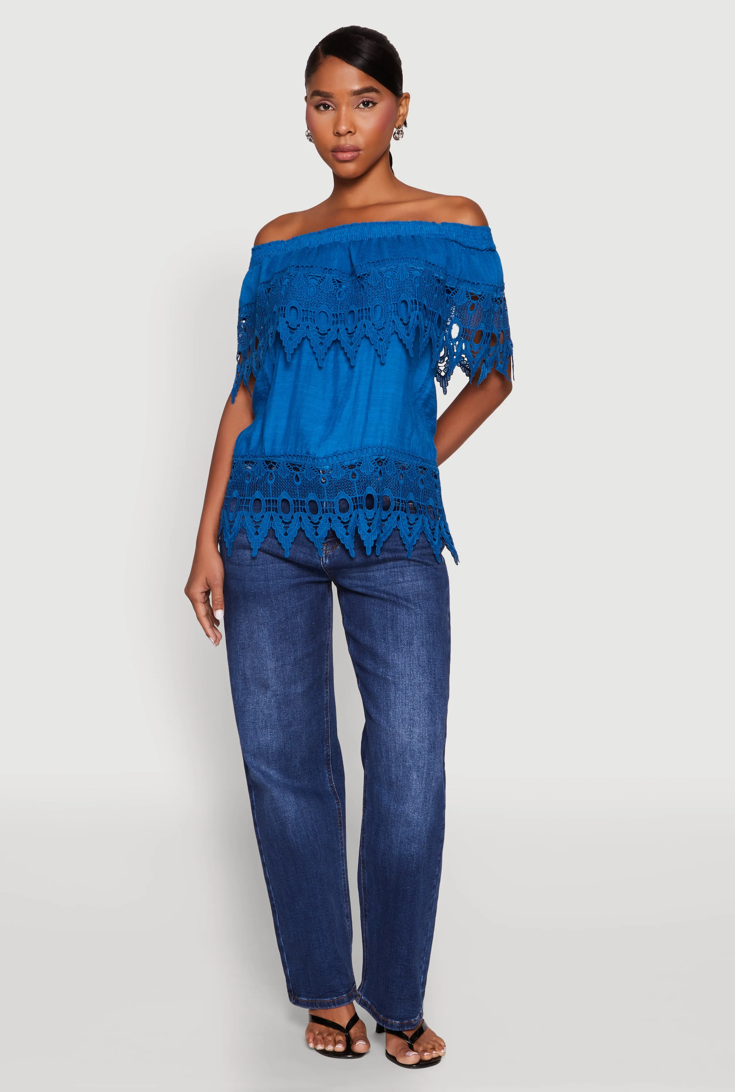 Lace Trim Off the Shoulder Blouse sold by Rainbow