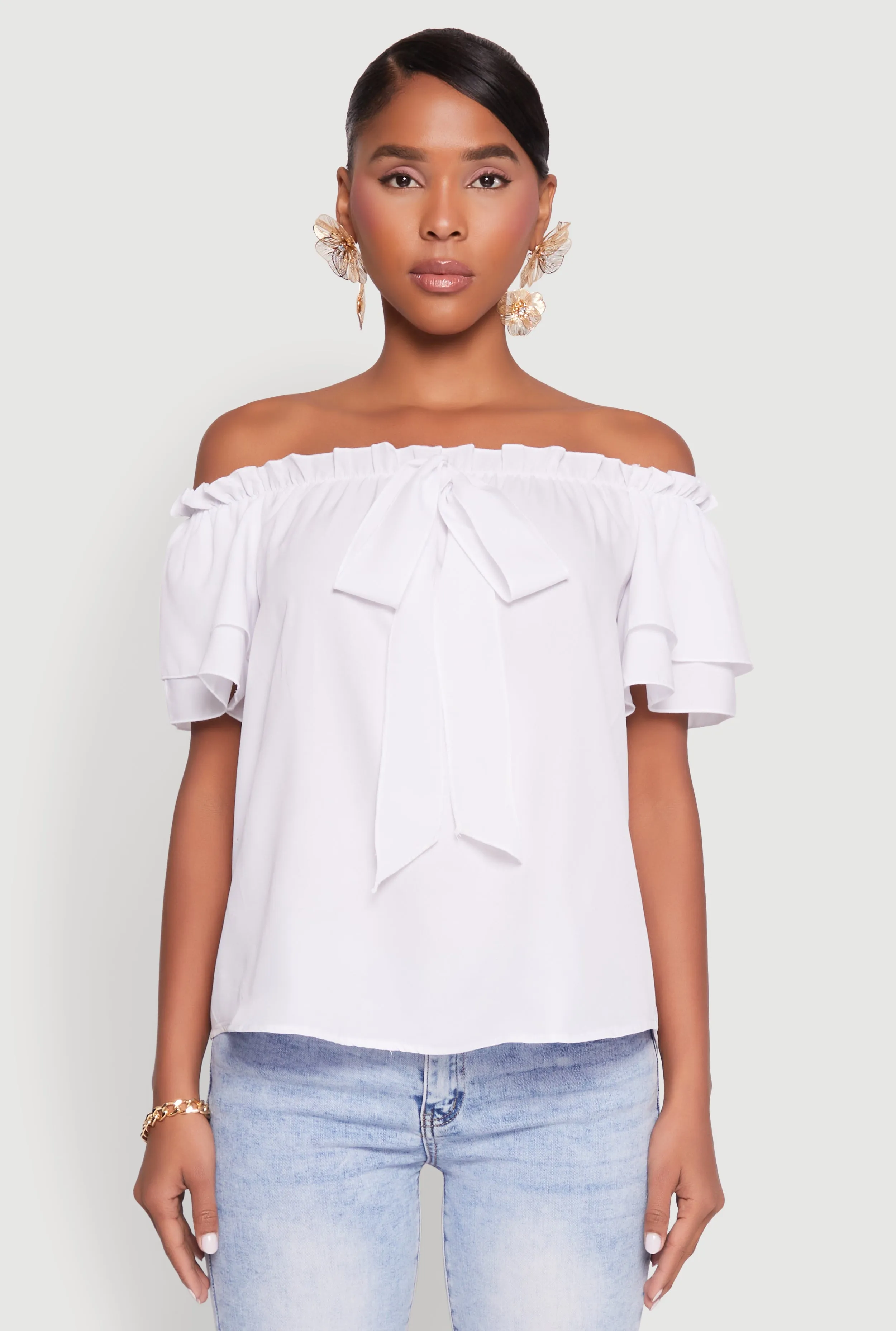 Tiered Sleeve Tie Front Off the Shoulder Top sold by Rainbow product image thumbnail 2