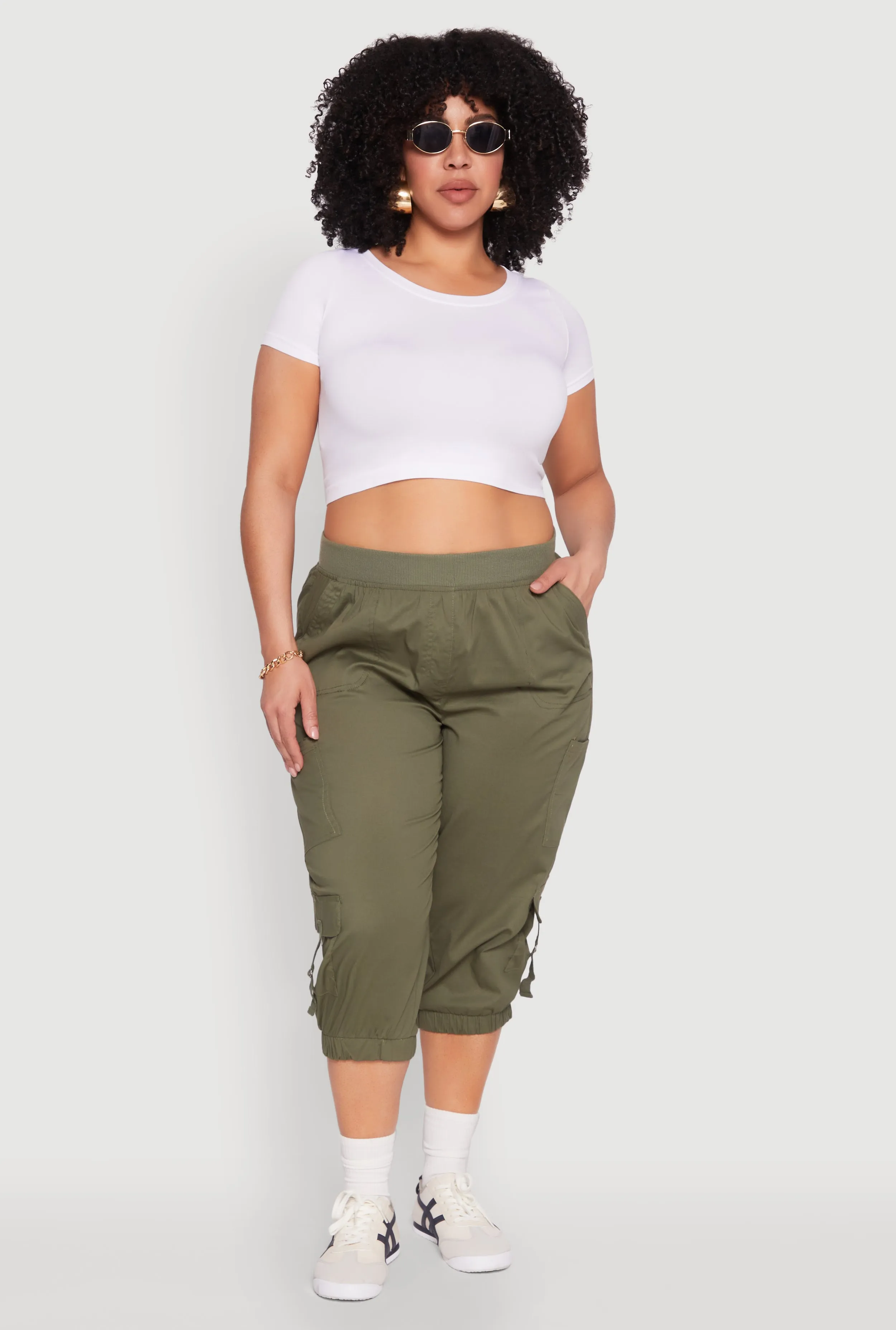 Plus Size Poplin D Ring Cargo Pocket Capri Pants sold by Rainbow
