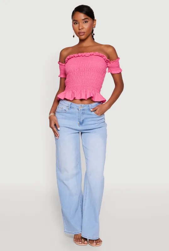 Smocked Off the Shoulder Crop Top sold by Rainbow