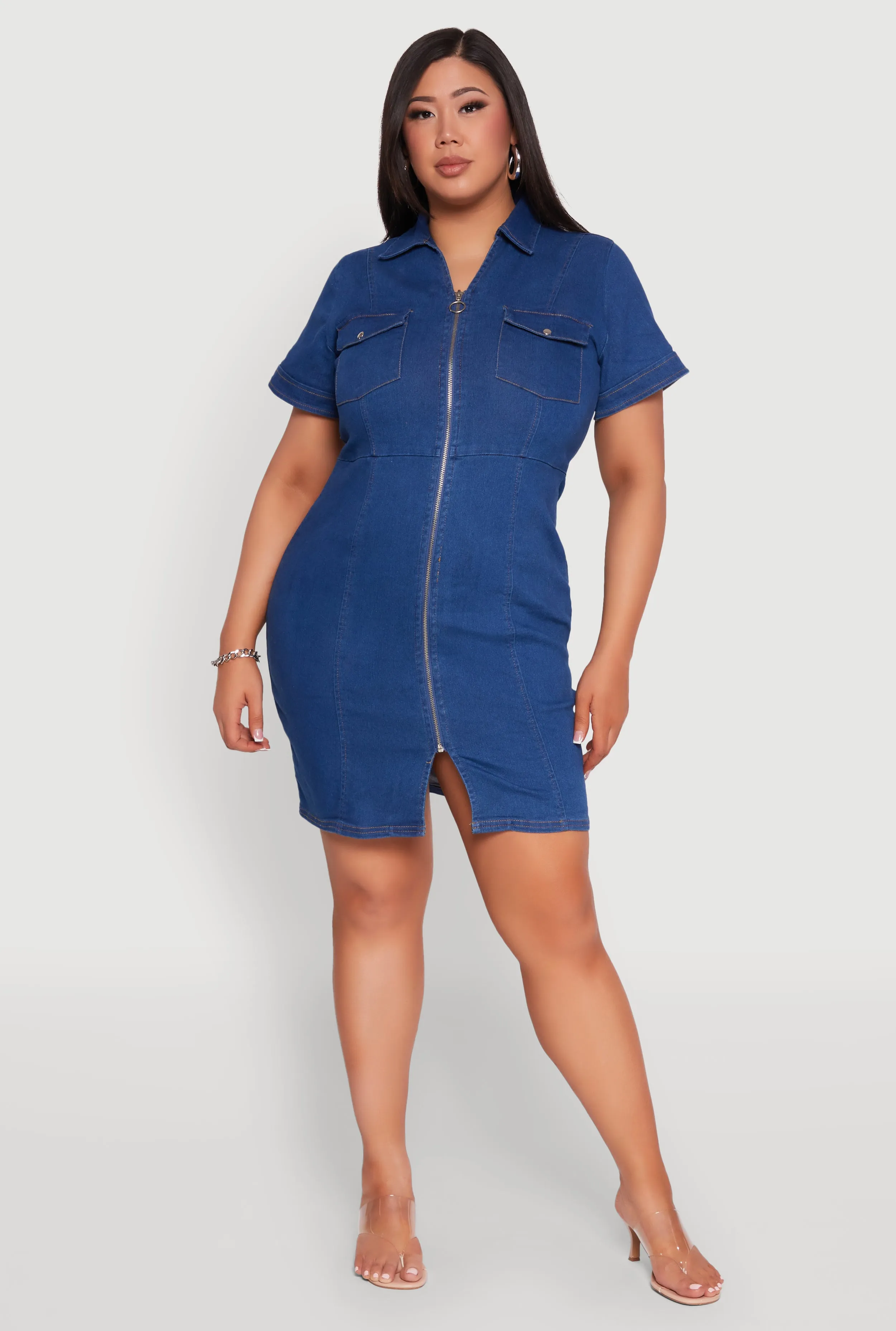 Plus Size Denim Pintuck Zip Front Shirt Dress sold by Rainbow