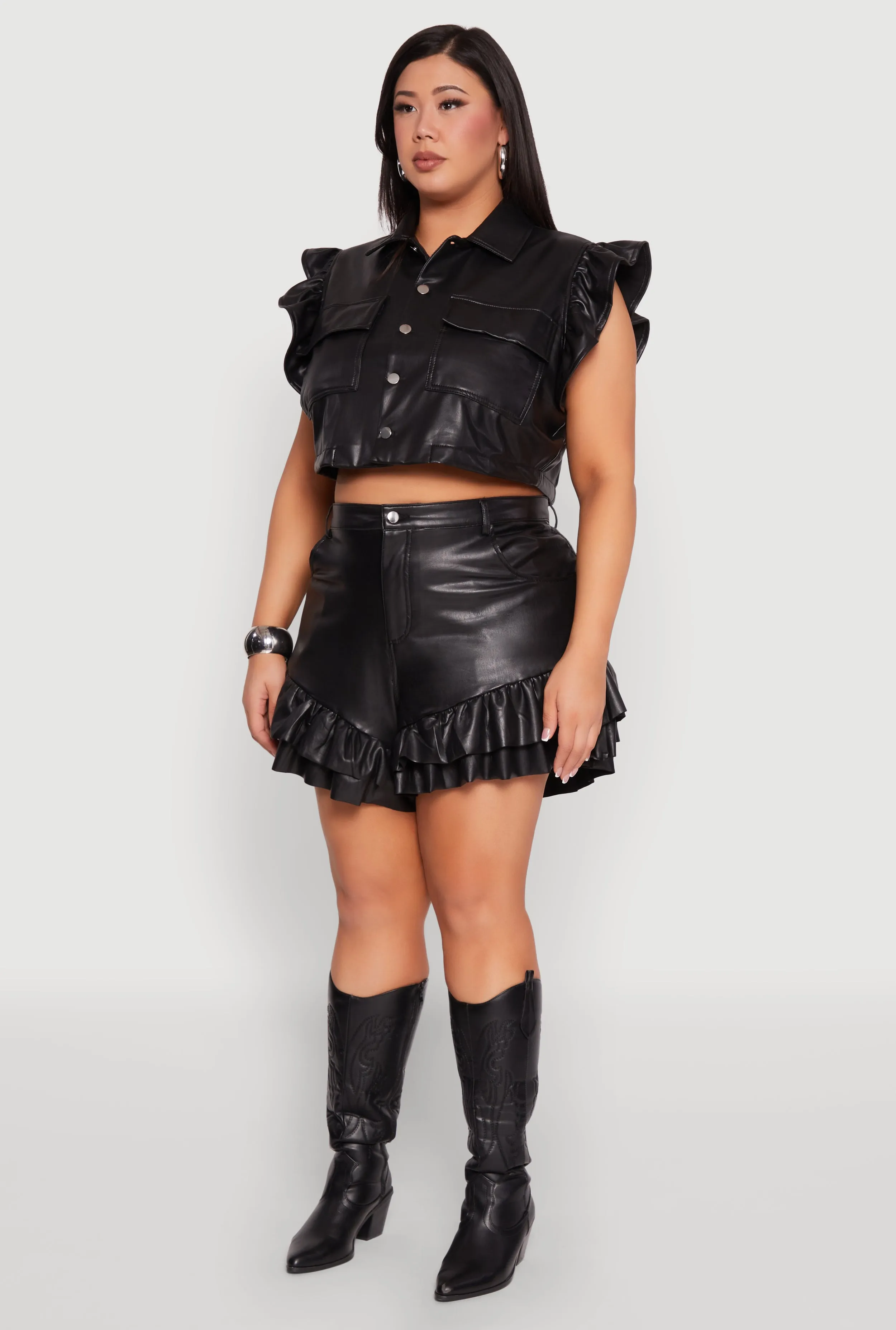 Plus Size Flutter Sleeve Faux Leather Jacket sold by Rainbow product image thumbnail 5