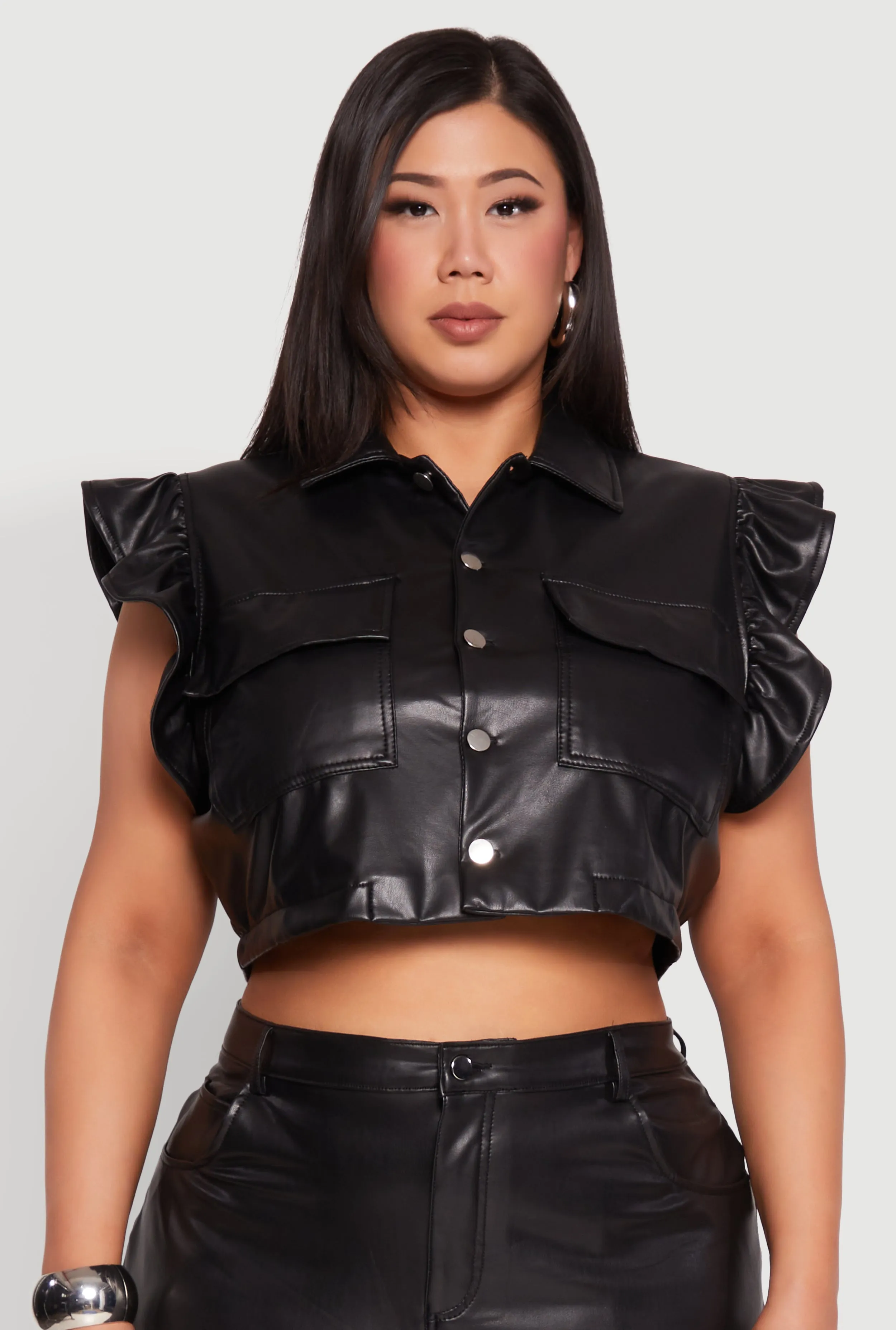 Plus Size Flutter Sleeve Faux Leather Jacket sold by Rainbow