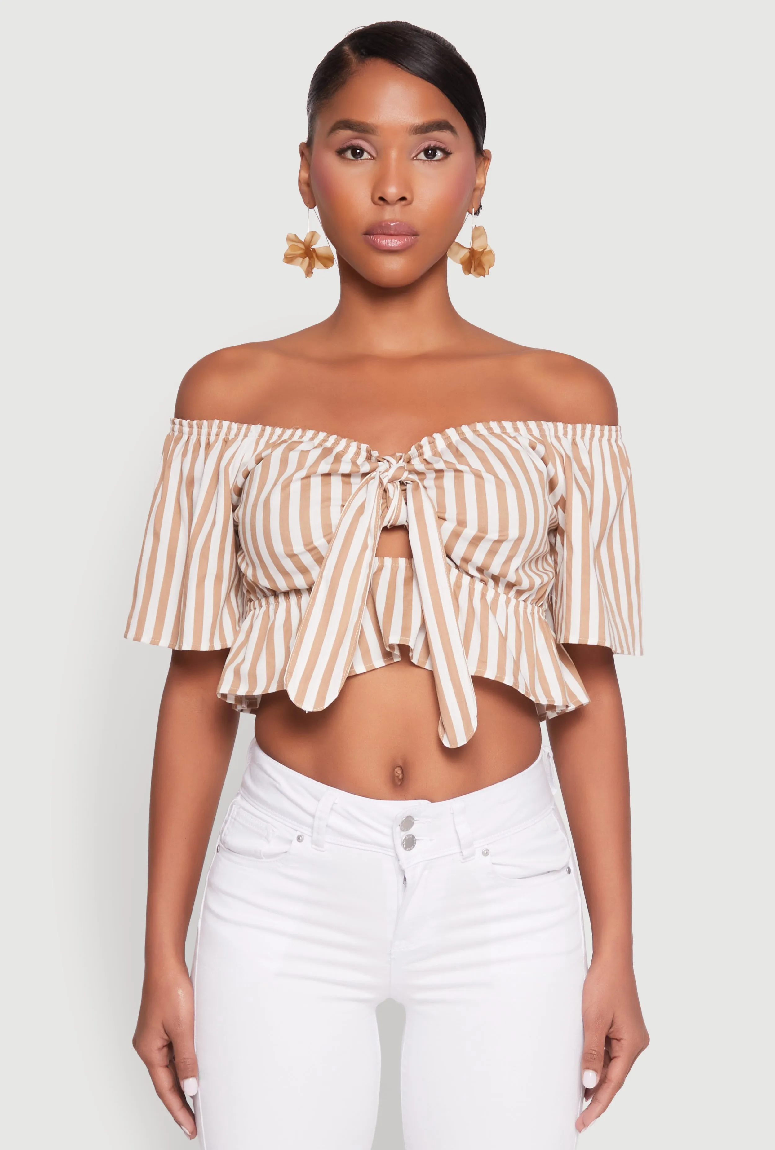Striped Off the Shoulder Tie Front Crop Top sold by Rainbow product image thumbnail 2