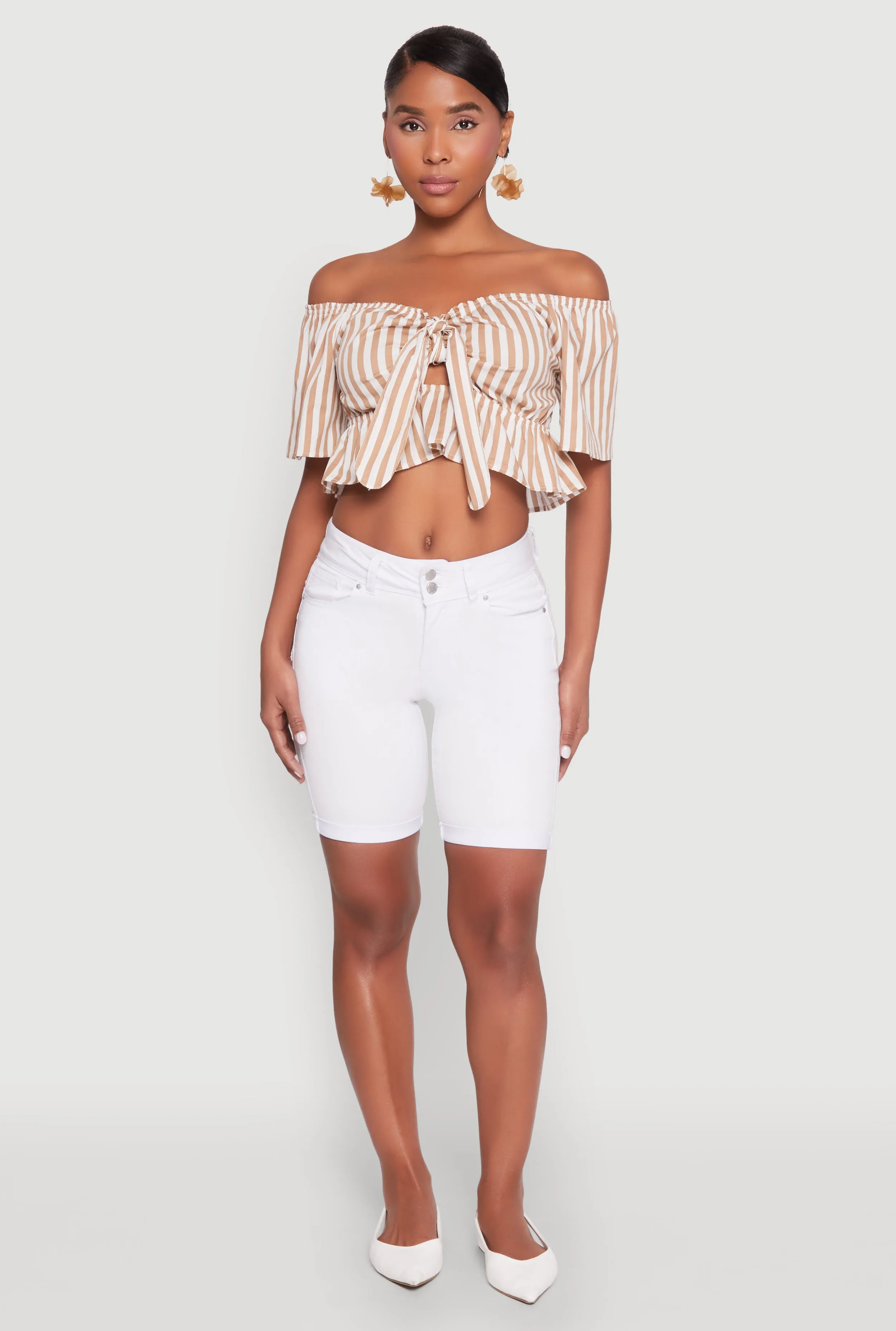 Striped Off the Shoulder Tie Front Crop Top sold by Rainbow