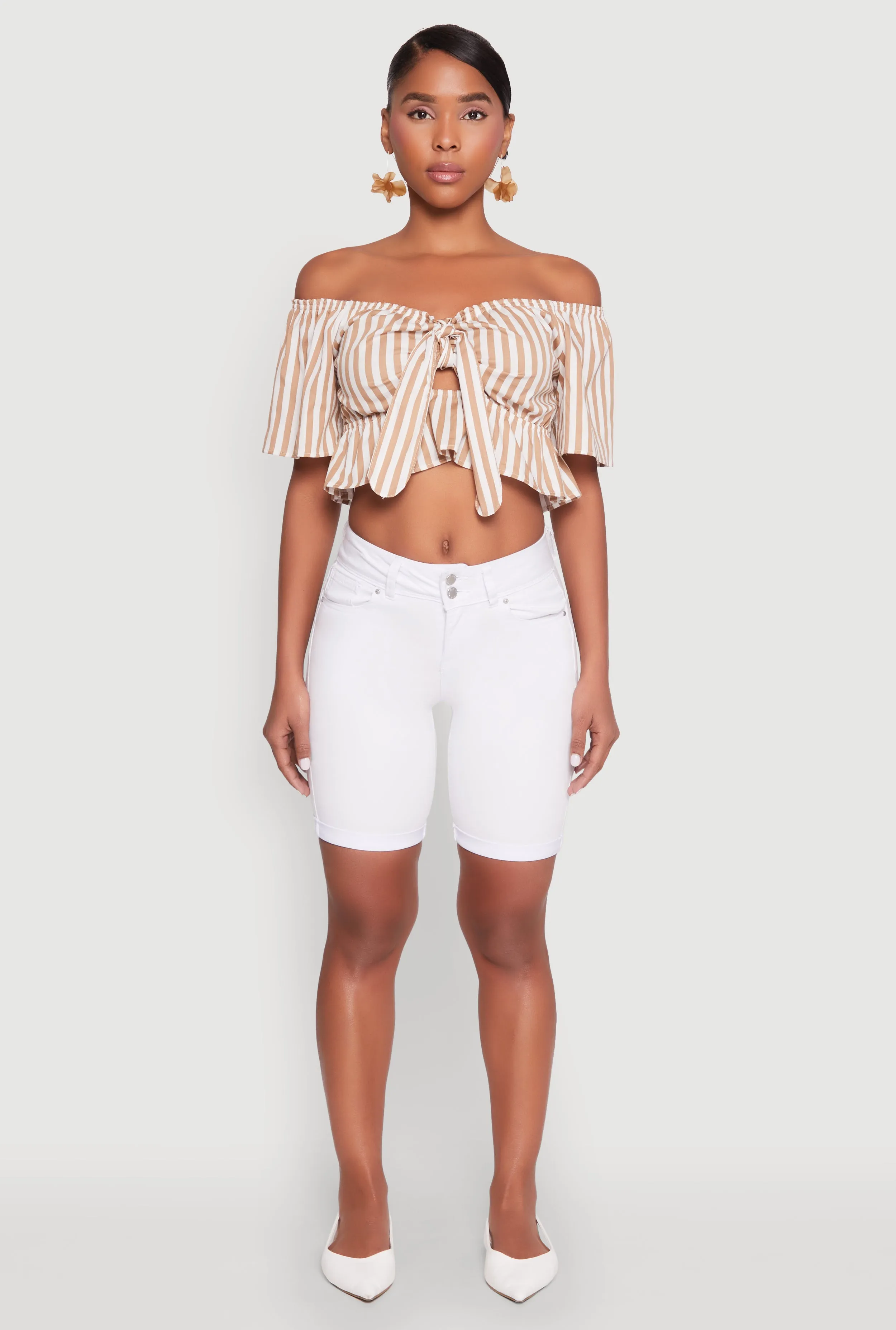 Striped Off the Shoulder Tie Front Crop Top sold by Rainbow product image thumbnail 3