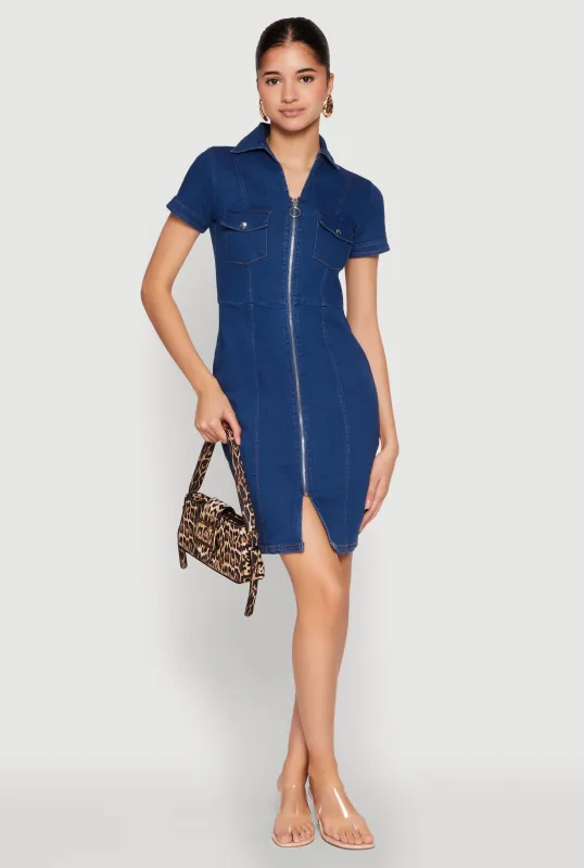 Denim Pintuck Zip Front Shirt Dress sold by Rainbow
