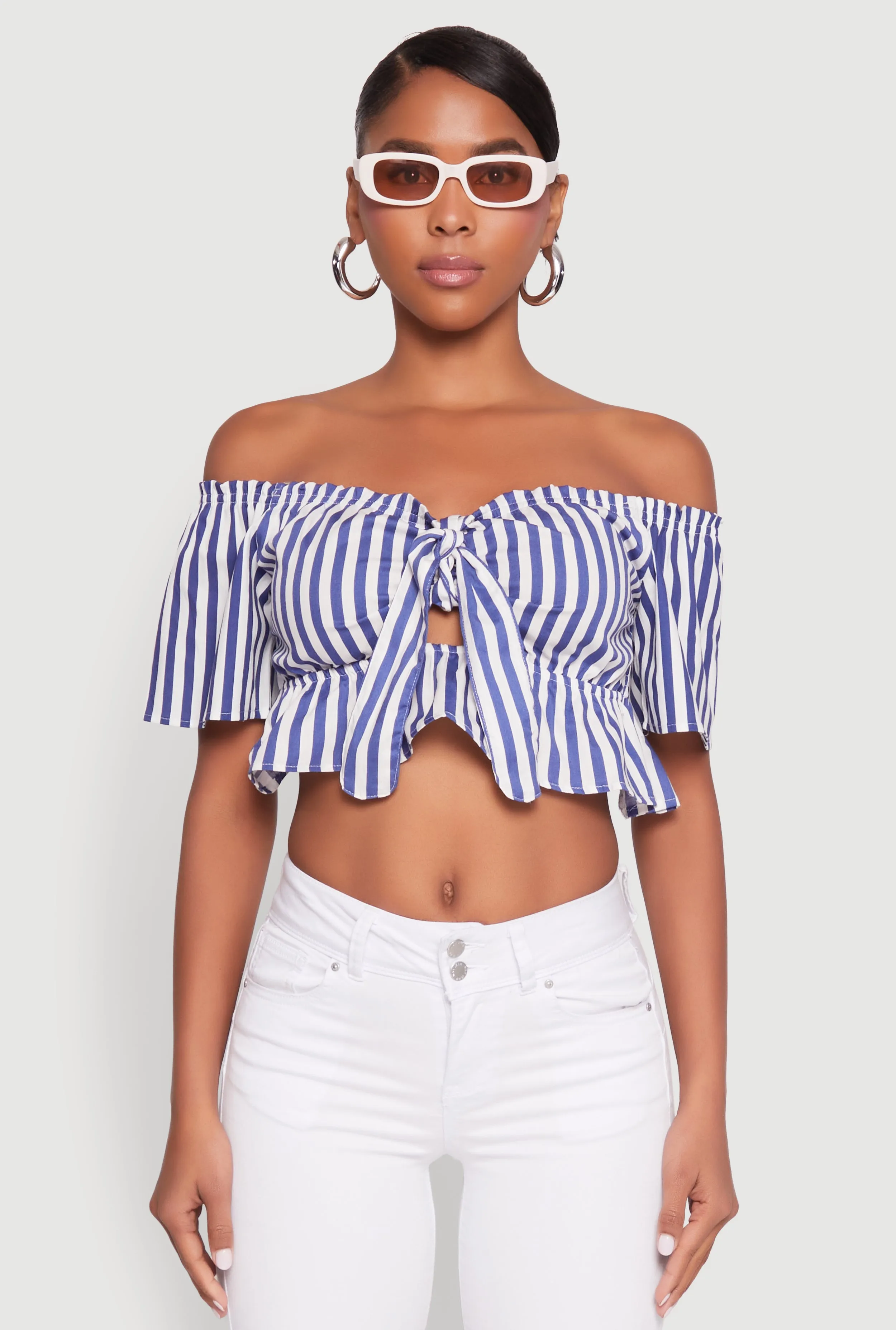 Striped Off the Shoulder Tie Front Crop Top sold by Rainbow product image thumbnail 2