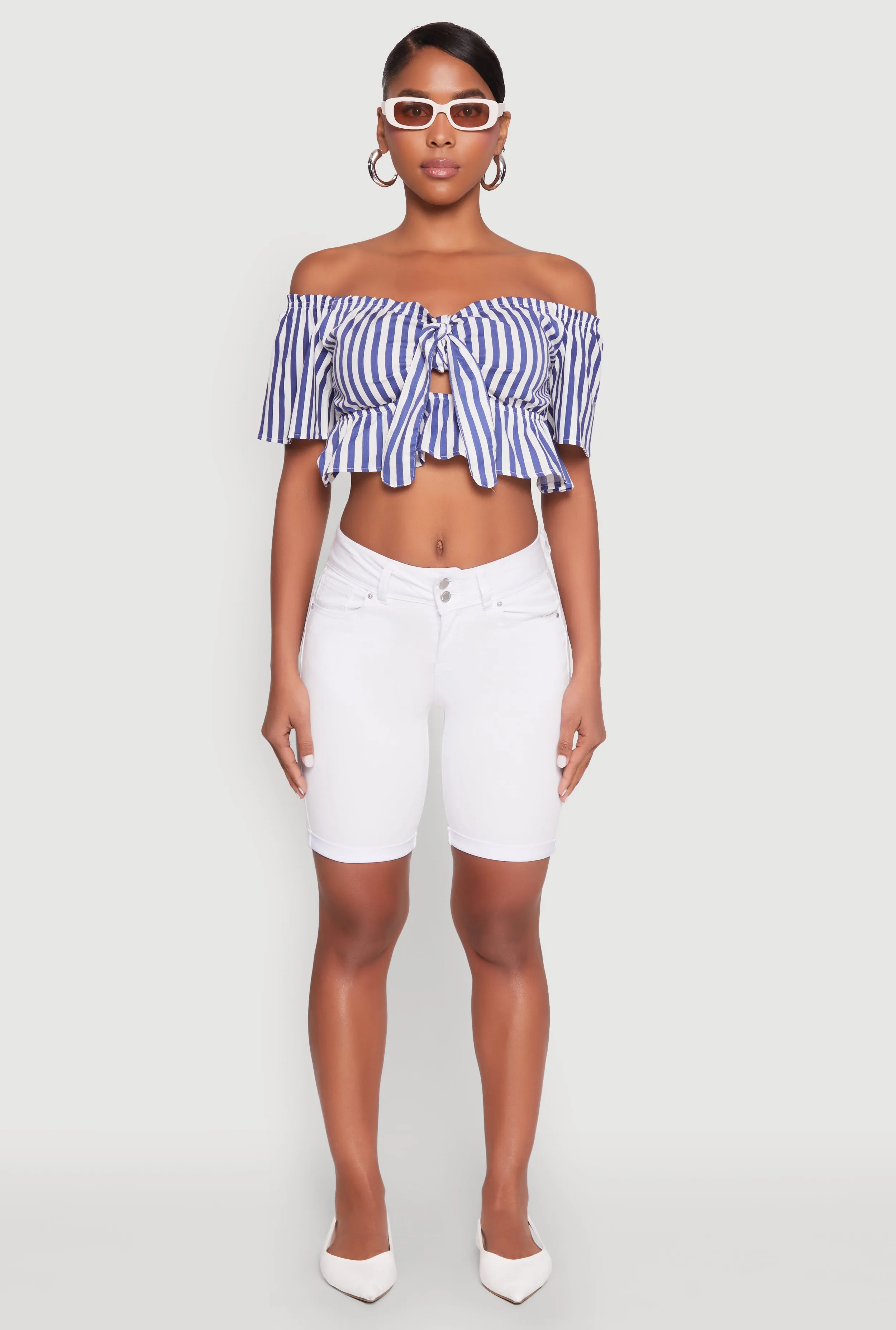 Striped Off the Shoulder Tie Front Crop Top sold by Rainbow product image thumbnail 3