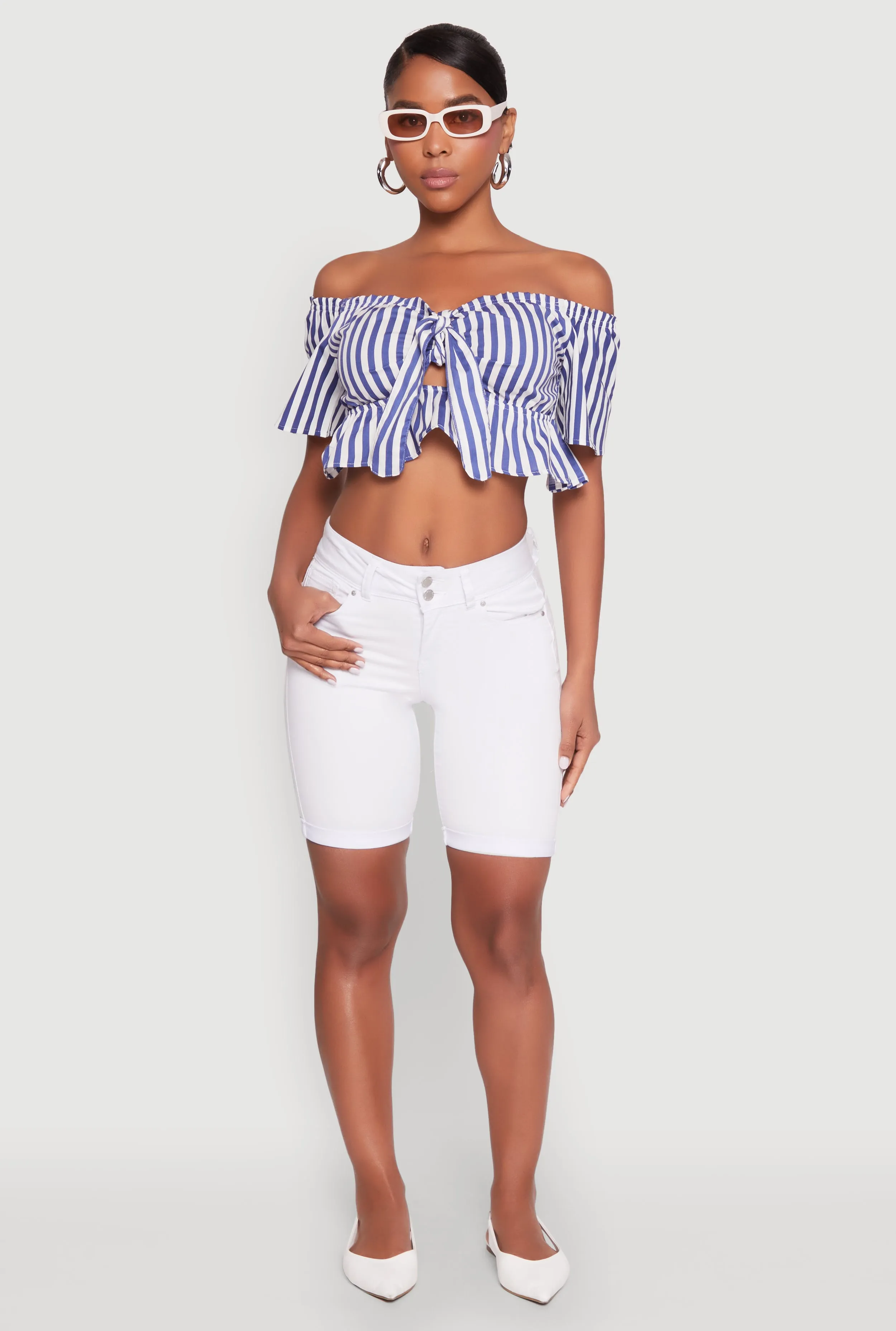 Striped Off the Shoulder Tie Front Crop Top sold by Rainbow