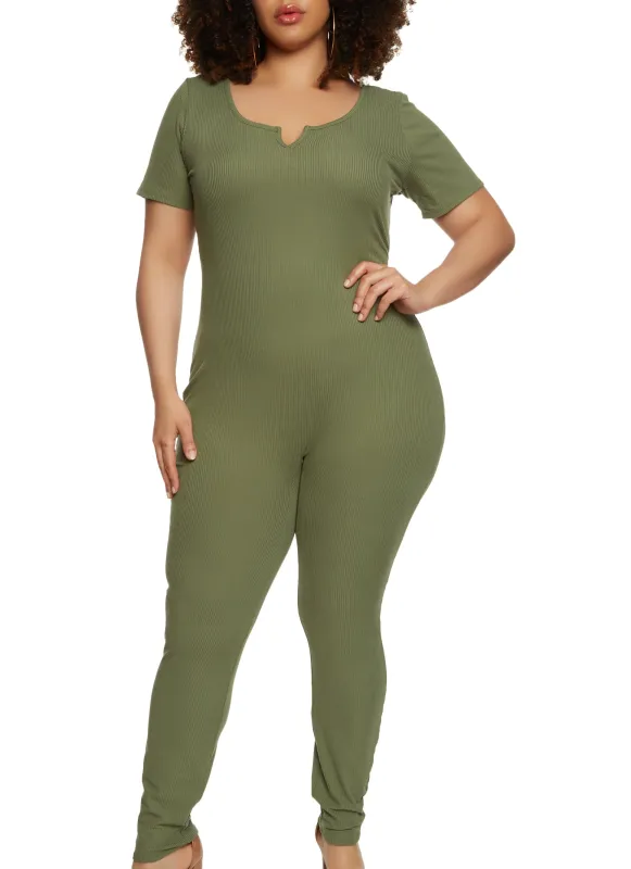 Plus Size Notch Neck Catsuit sold by Rainbow