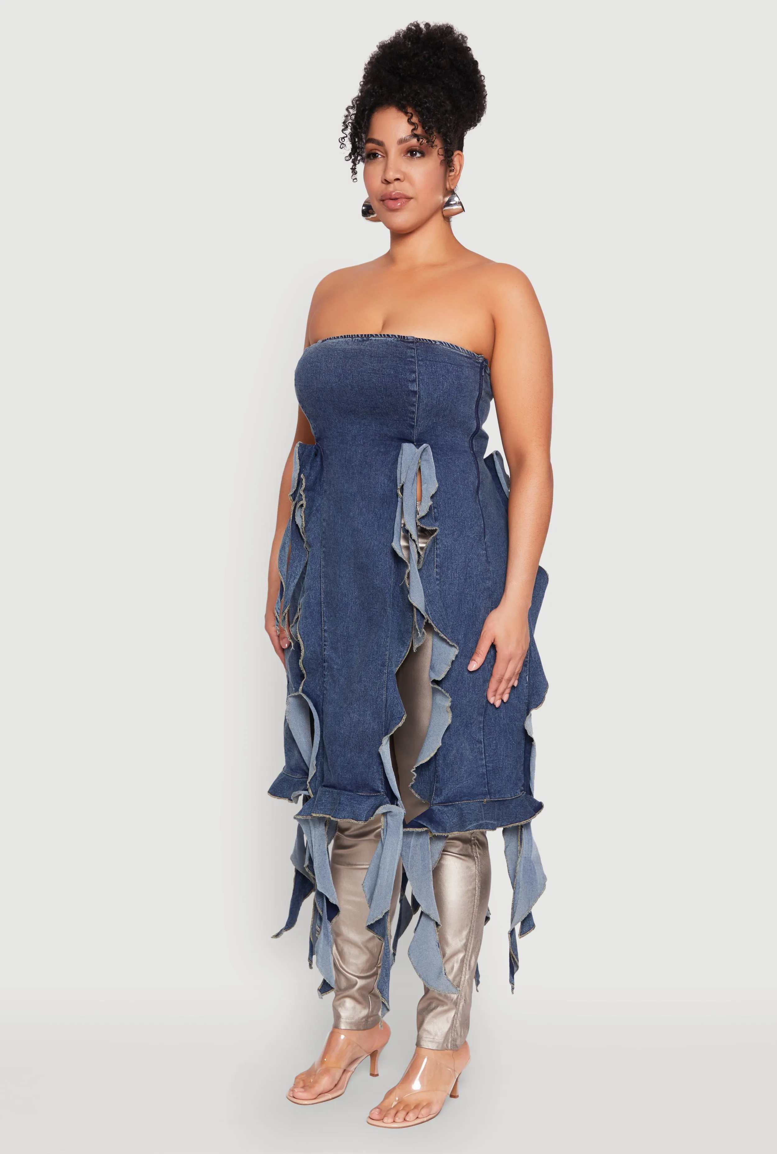 Plus Size Ruffle Fringe Strapless Denim Maxi Top sold by Rainbow product image thumbnail 3