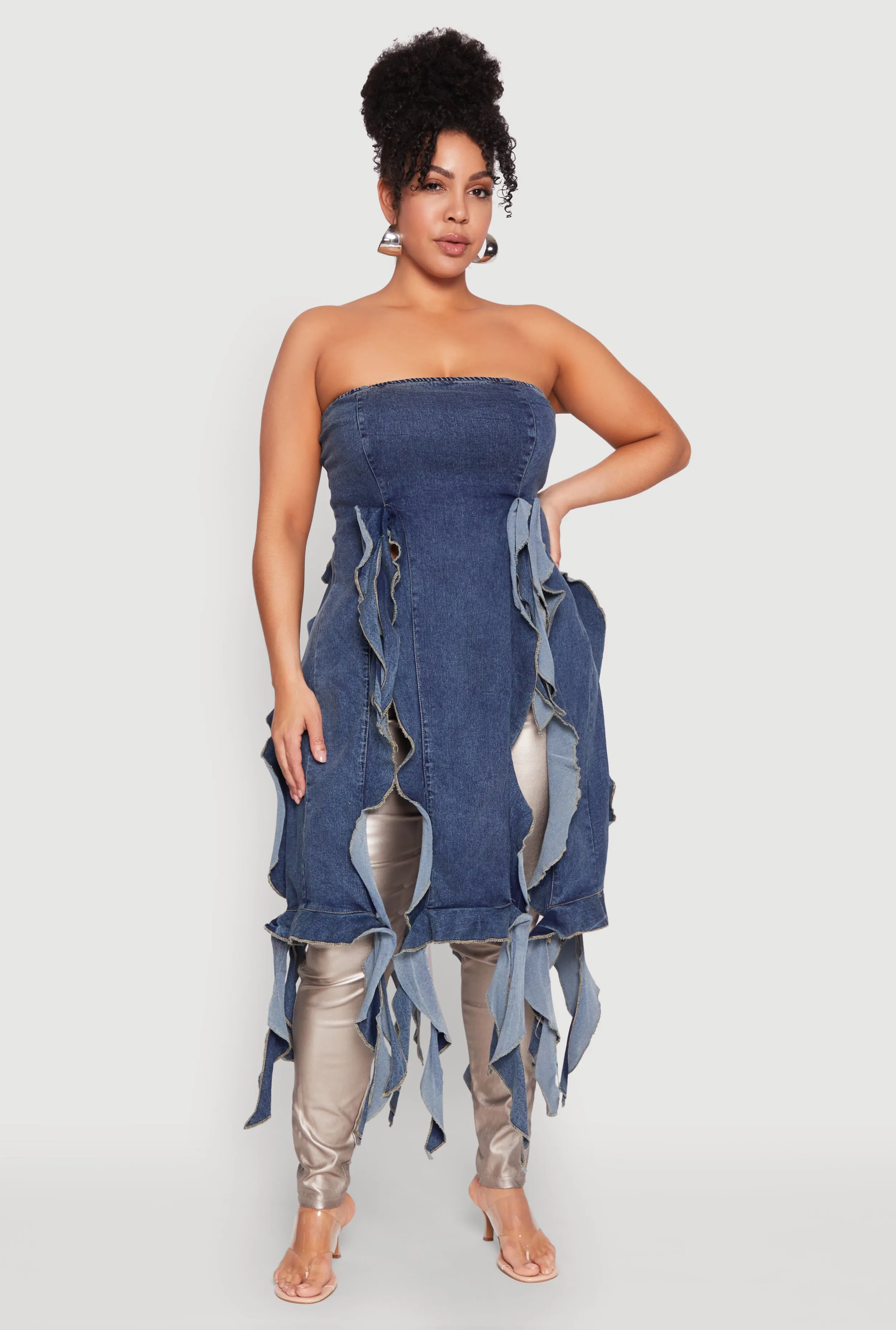 Plus Size Ruffle Fringe Strapless Denim Maxi Top sold by Rainbow