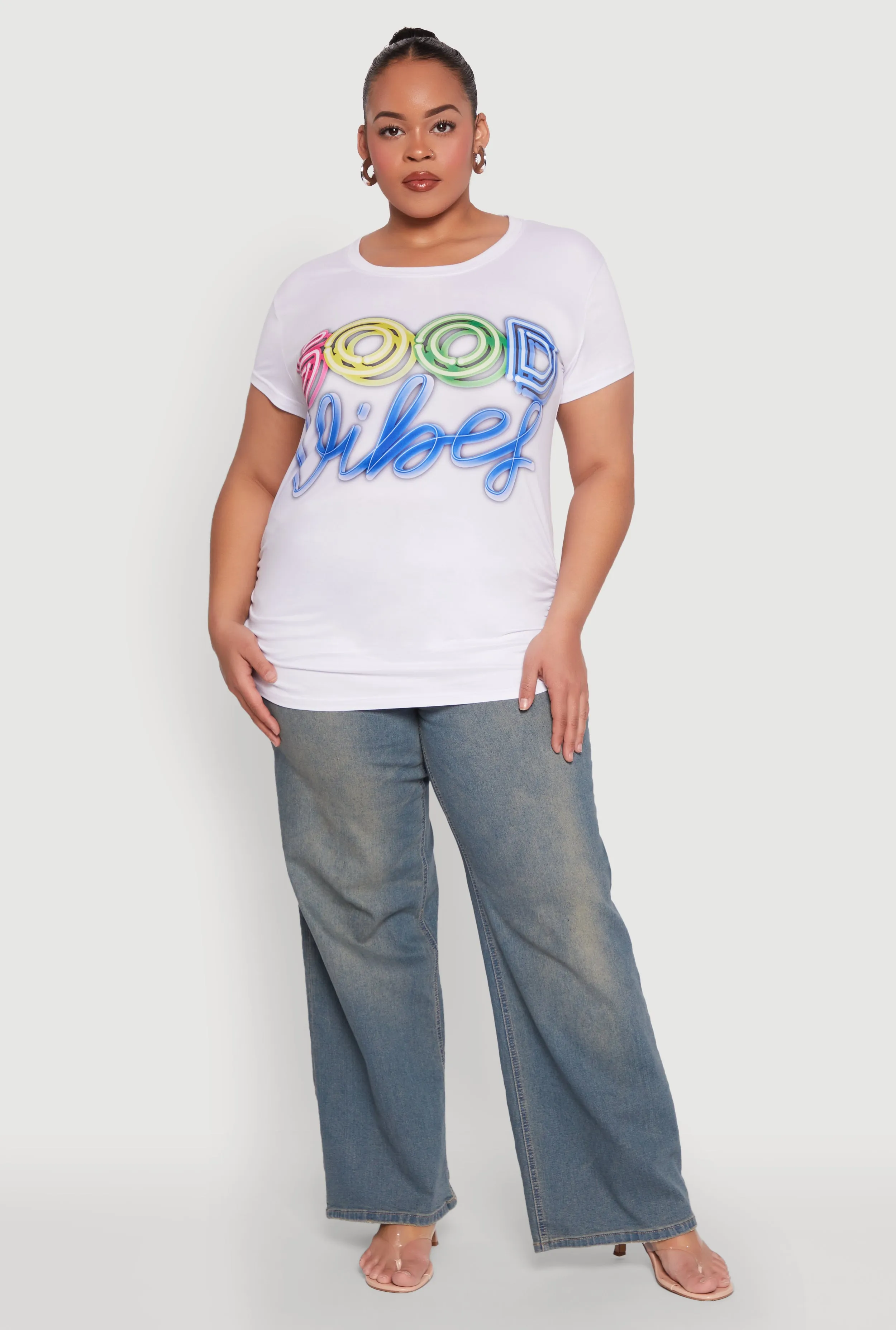 Plus Size Good Vibes Ruched Graphic Tee sold by Rainbow