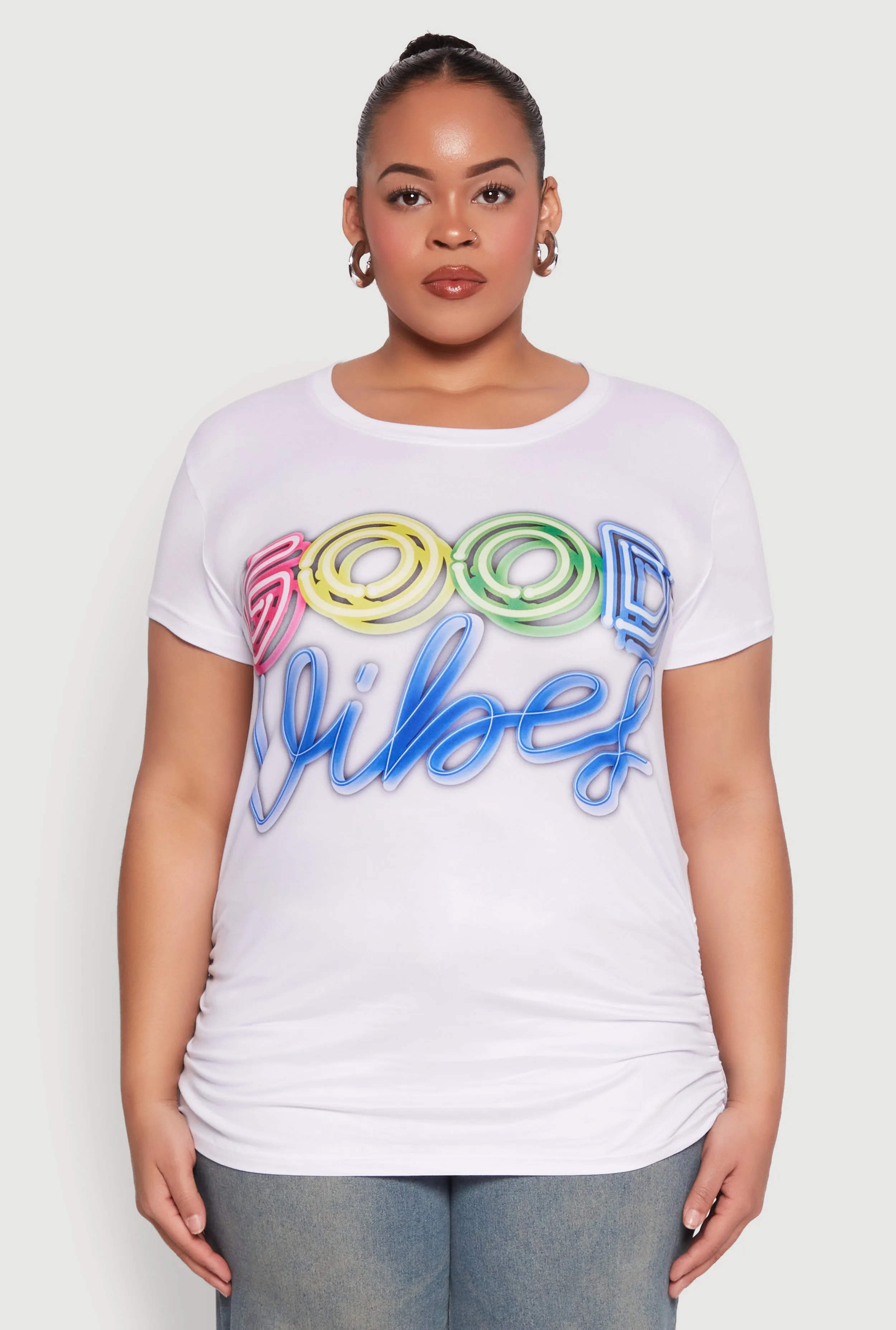 Plus Size Good Vibes Ruched Graphic Tee sold by Rainbow product image thumbnail 2